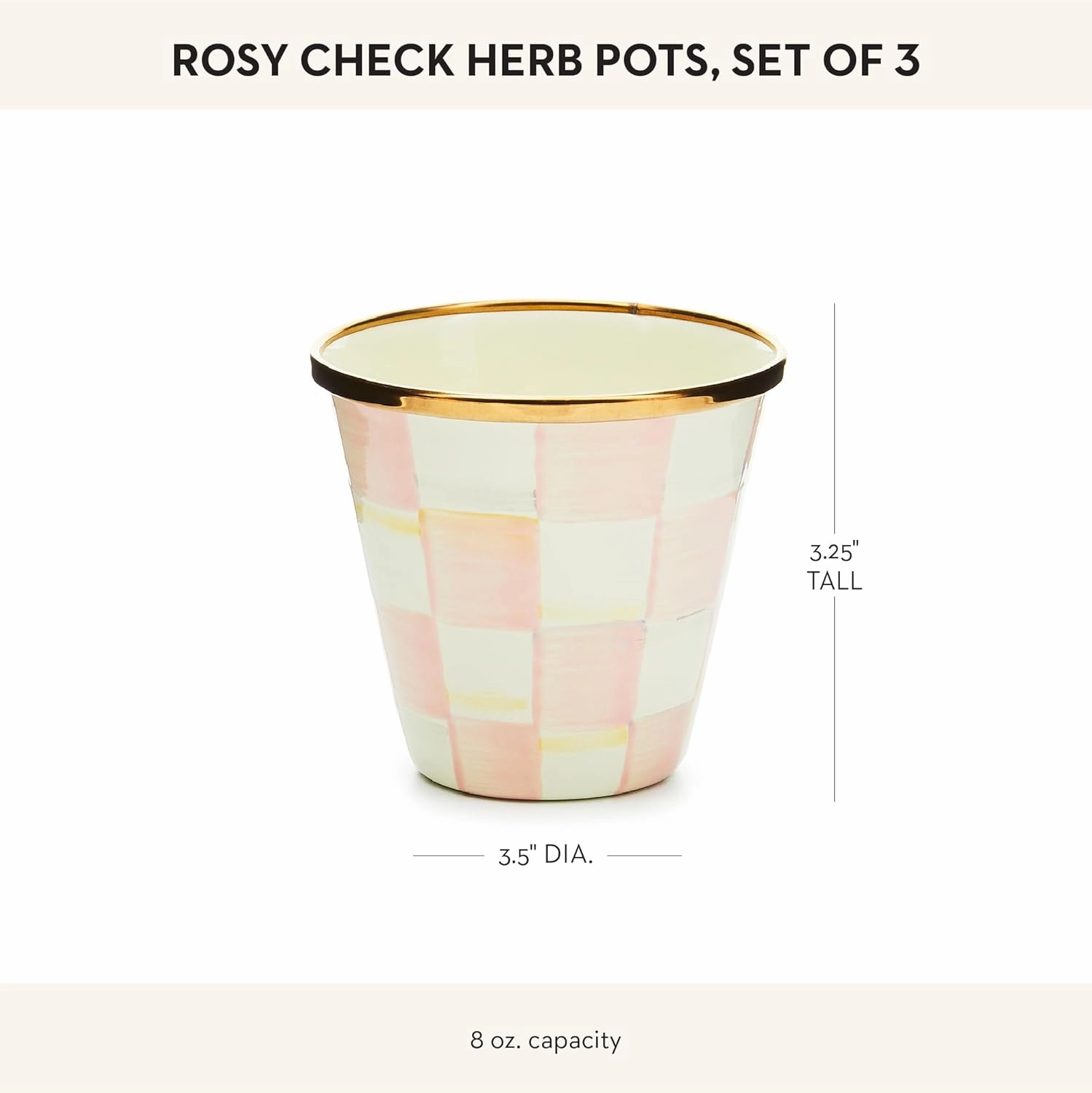 MACKENZIE-CHILDS Enamel Herb Pots, Small Plant Pots for Herbs or Flowers, Set of 3, Pink-and-White Rosy Check