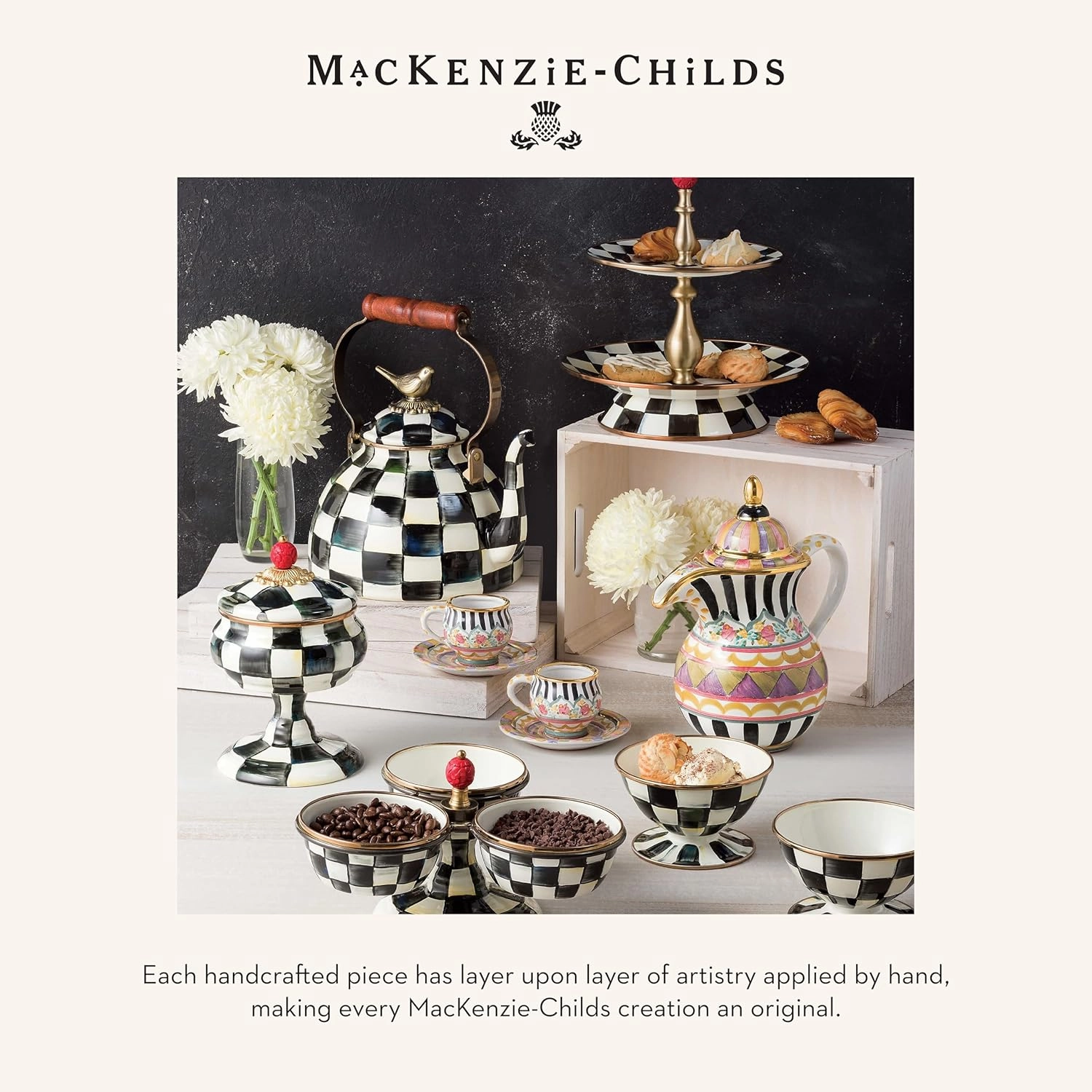 MACKENZIE-CHILDS Enamel Mug, Cute Enamelware Coffee and Tea Mug, Unique Drinkware, 16 Ounces, Black-and-White Courtly Check, Set of 1