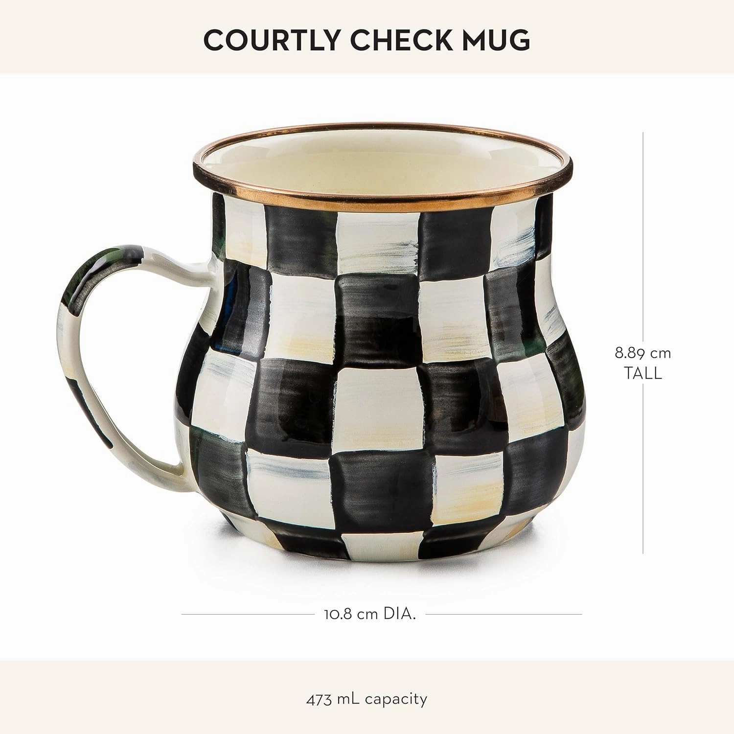 MACKENZIE-CHILDS Enamel Mug, Cute Enamelware Coffee and Tea Mug, Unique Drinkware, 16 Ounces, Black-and-White Courtly Check, Set of 1
