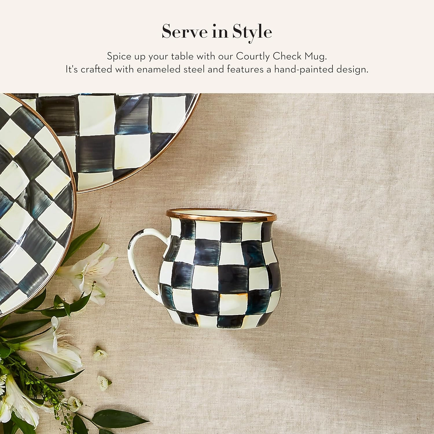 MACKENZIE-CHILDS Enamel Mug, Cute Enamelware Coffee and Tea Mug, Unique Drinkware, 16 Ounces, Black-and-White Courtly Check, Set of 1