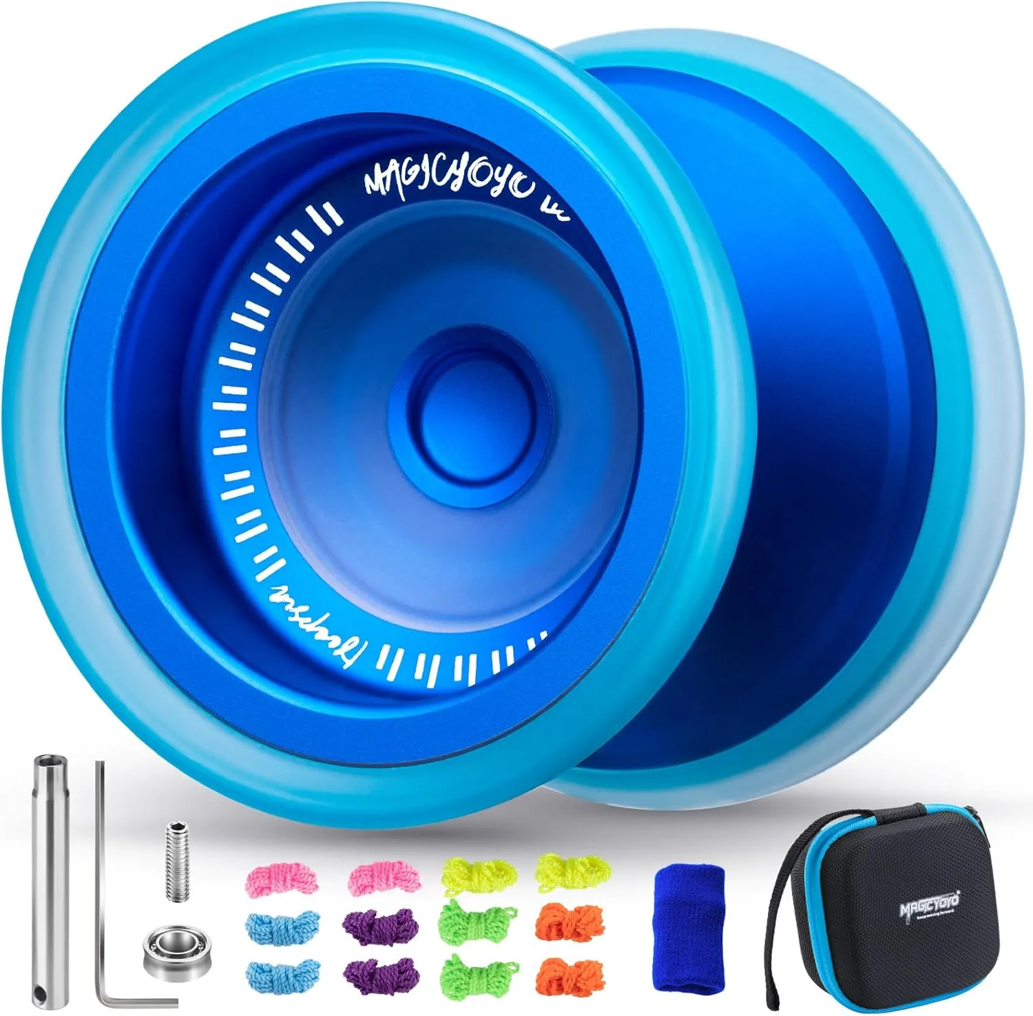 MAGICYOYO V13 DEEPSPIN Bi-Material Yoyo for Kids 8-12, Dual-Function Yoyo Professional for All Skill Levels, Trick Yo-yo with 12 Yoyos Strings, Finger Brace, Bearing Kit (Blue Blue Rings)