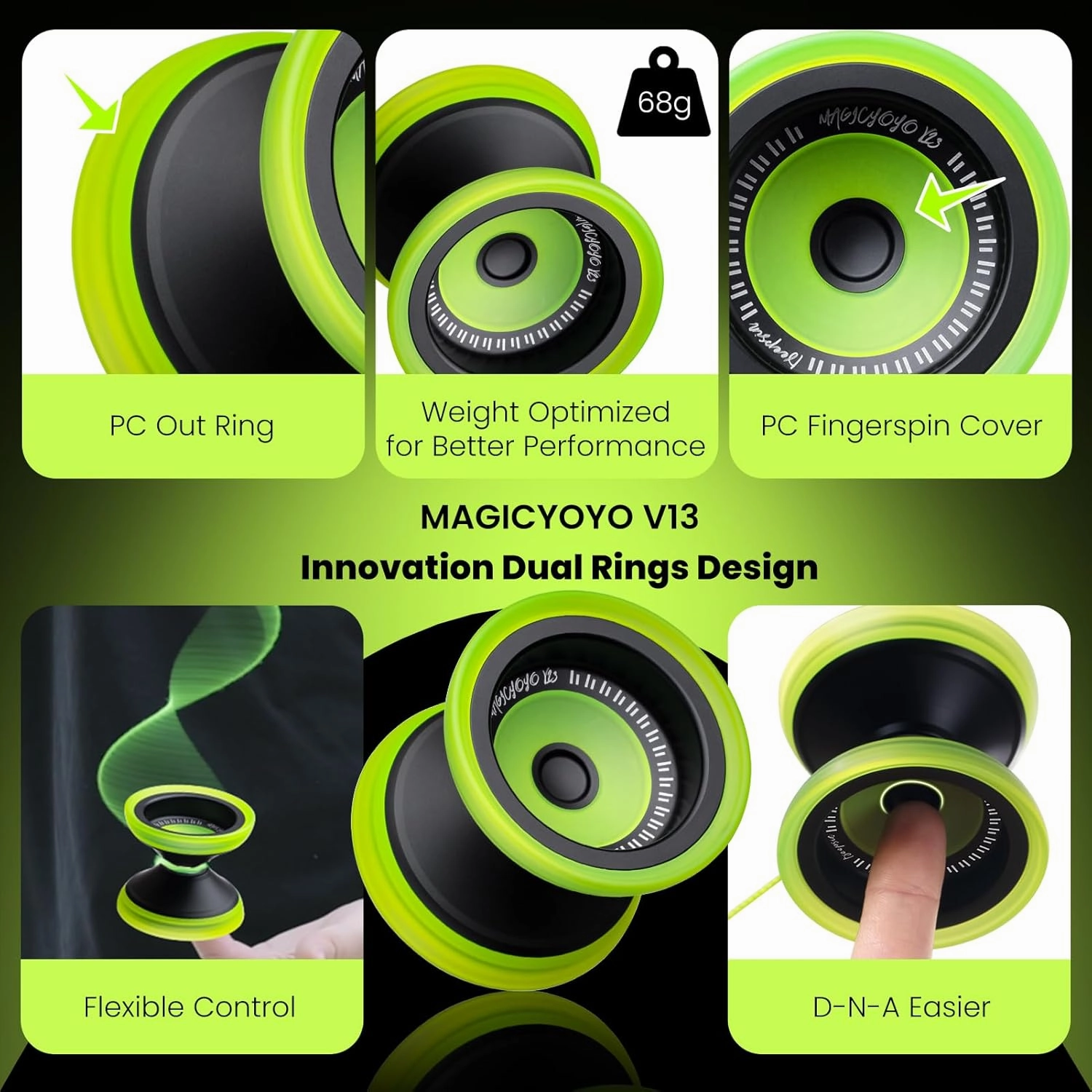 MAGICYOYO V13 DEEPSPIN Bi-Material Yoyo for Kids 8-12 and Adults, Dual Purpose Professional Yoyo for All Skill Levels, Trick Yo yo with 12 Yo-yo Strings, Finger Brace, Bearing Kit-Black Yellow Rings