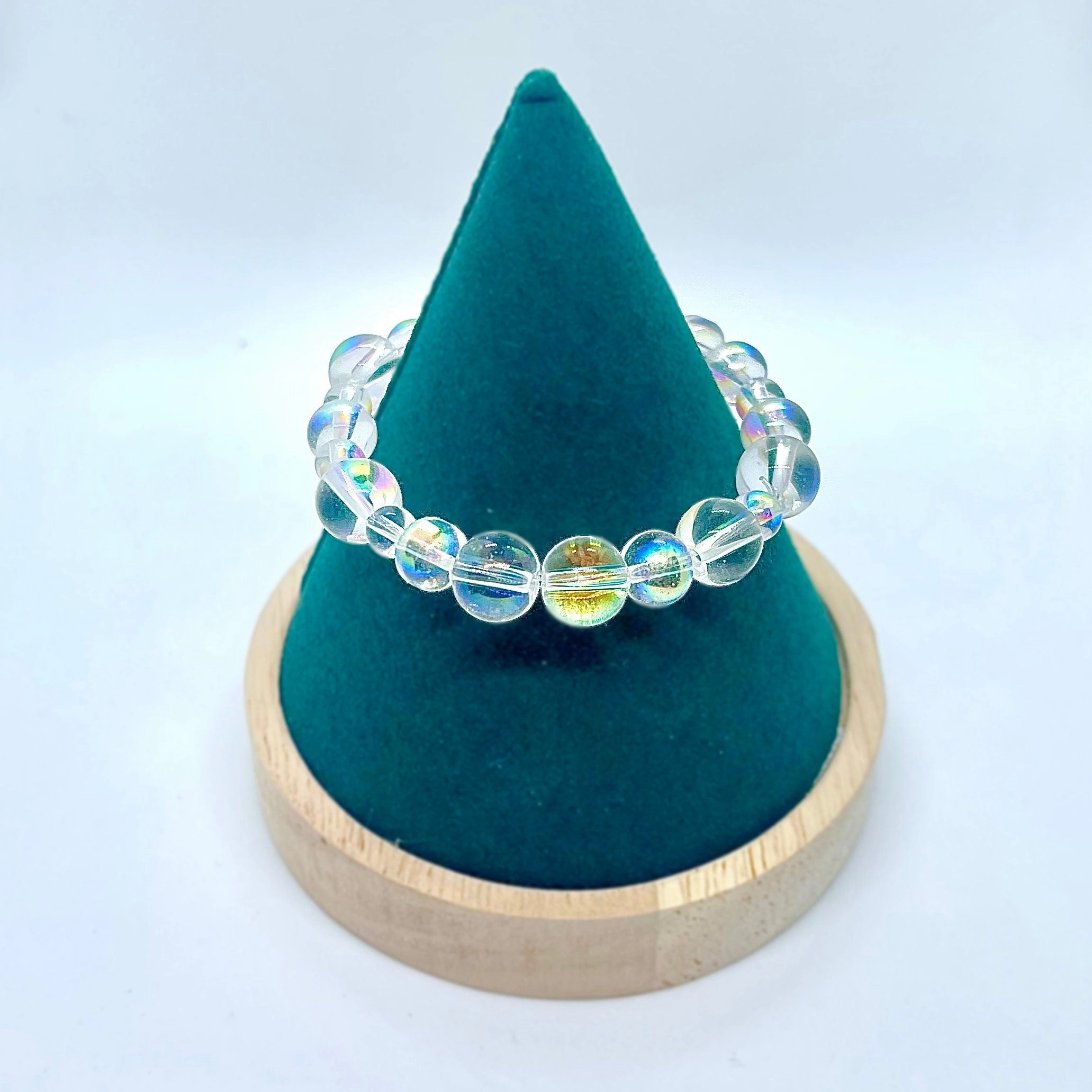 Magik "Mermaid Soap Bubbles" Handmade Custom Smooth Round Glass Bead Bracelet Rainbow Iridescent Mermaid Shine Stackable Elastic Bracelet