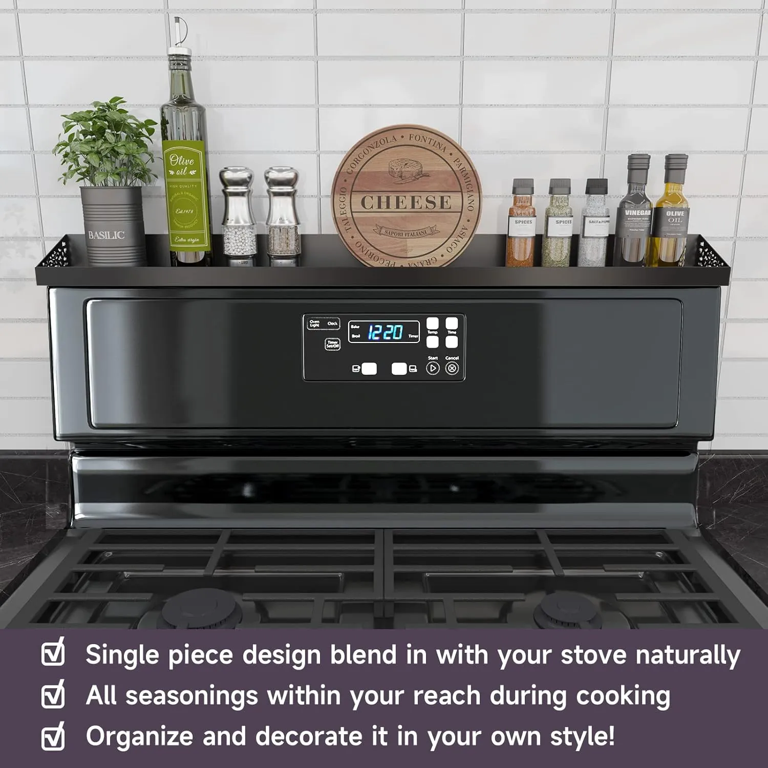 Magnetic Stove Top Shelf, 30" Length, Spice Rack Over the Stove, Oven Shelf for Top of Stove, Kitchen Organizers and Storage (Black)