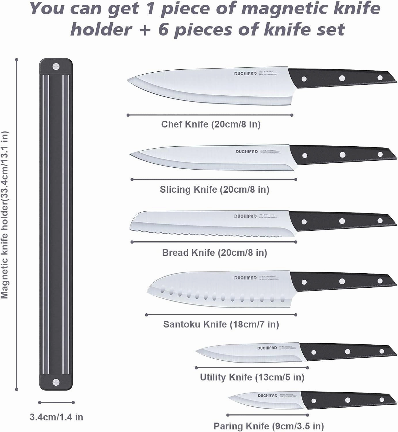 Magnetic Knife Set with Holder: 6-Piece Multipurpose Set