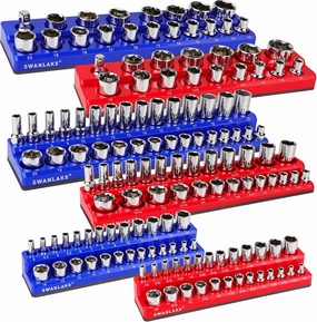 Magnetic Socket Organizer Set, 6PCS Magnetic Socket Holder, 1/4", 3/8", 1/2" Socket Holds 143 Pieces Magnetic Socket Trays (Blue&red, 6 Pcs)