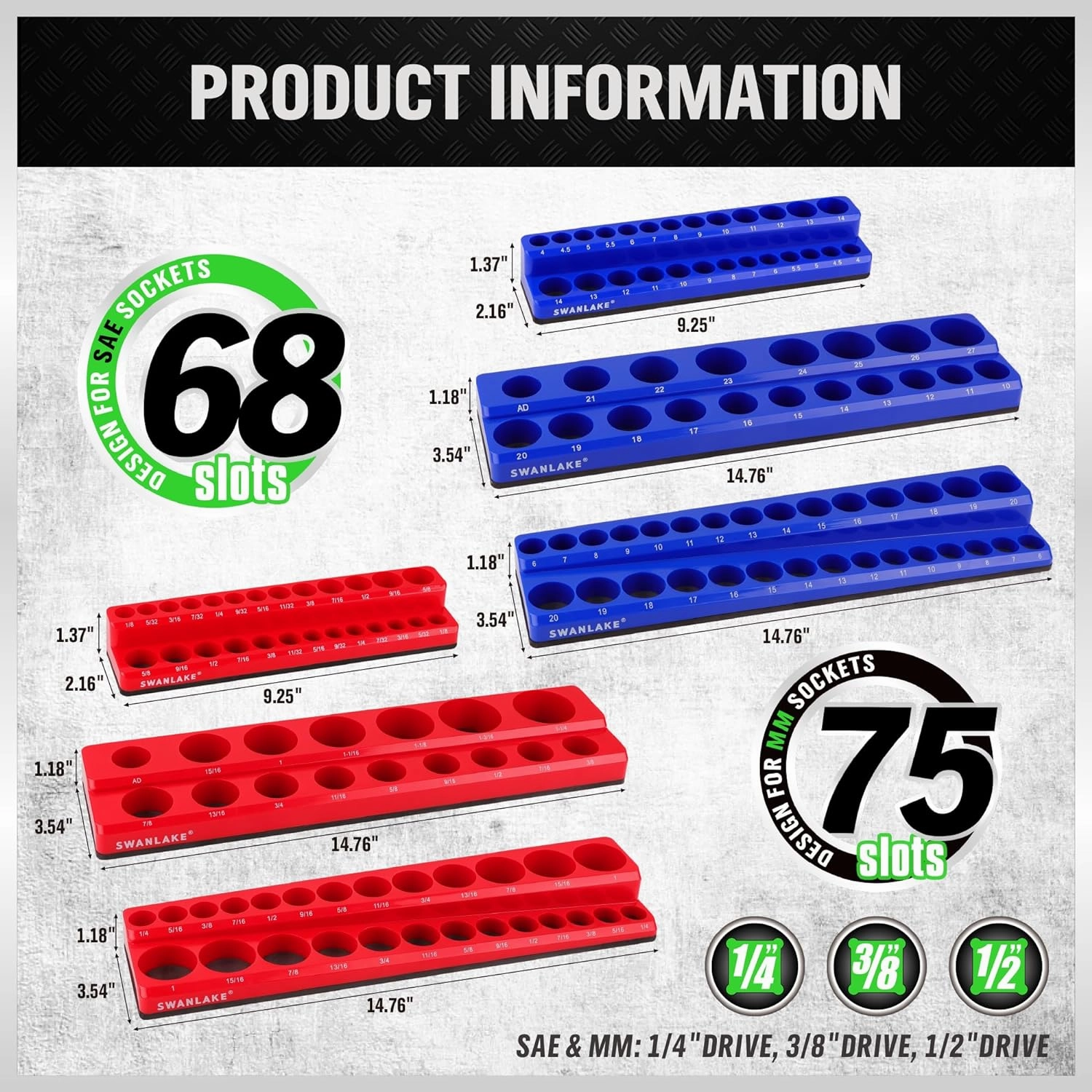 Magnetic Socket Organizer Set, 6PCS Magnetic Socket Holder, 1/4", 3/8", 1/2" Socket Holds 143 Pieces Magnetic Socket Trays (Blue&red, 6 Pcs)