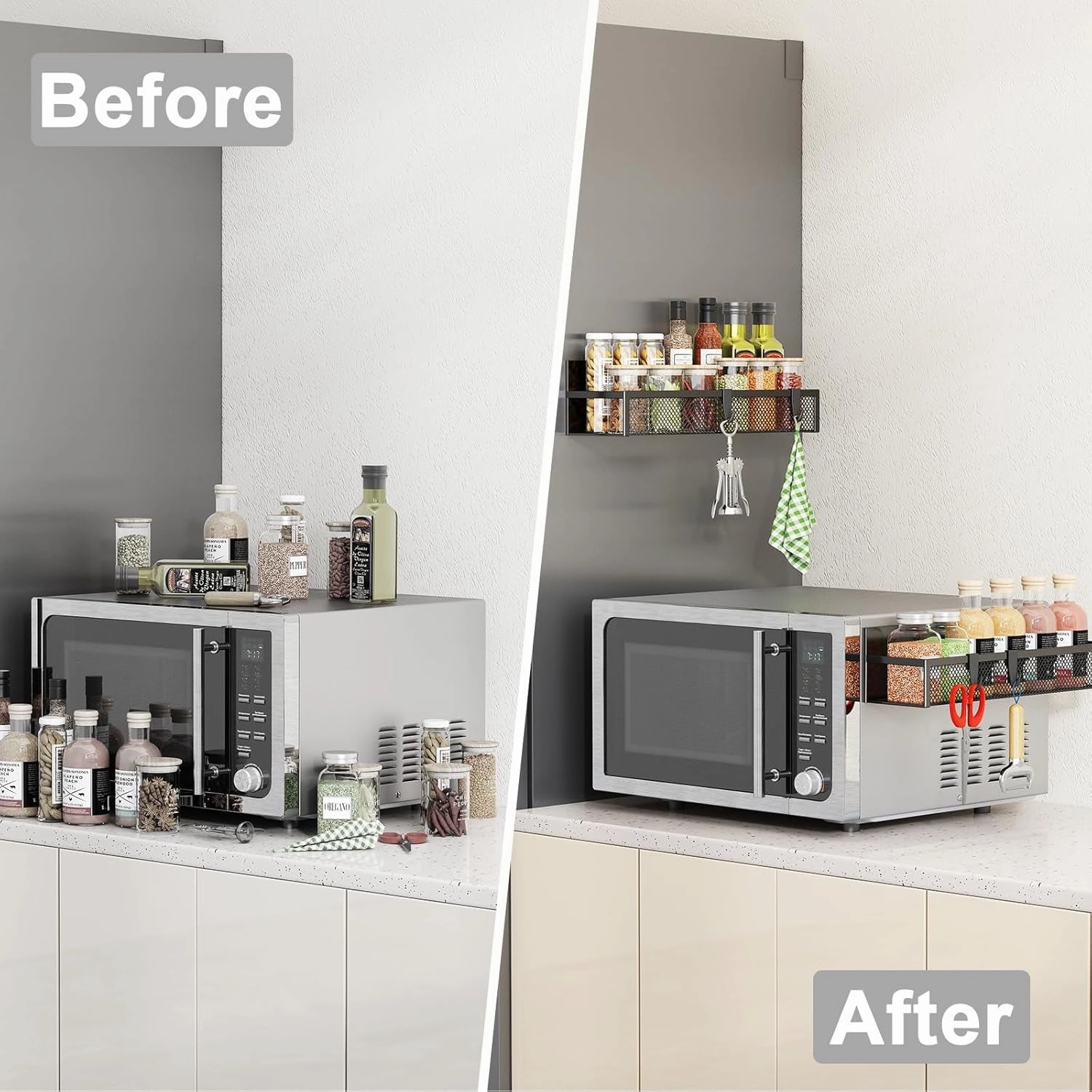 Magnetic Spice Rack for Refrigerator, 2 Pack Magnetic Shelf, Fridge Magnet Organizer with Moveable 4 Hooks, Magnet Fridge Shelf for Kitchen Organization and Storage (2 Pack)