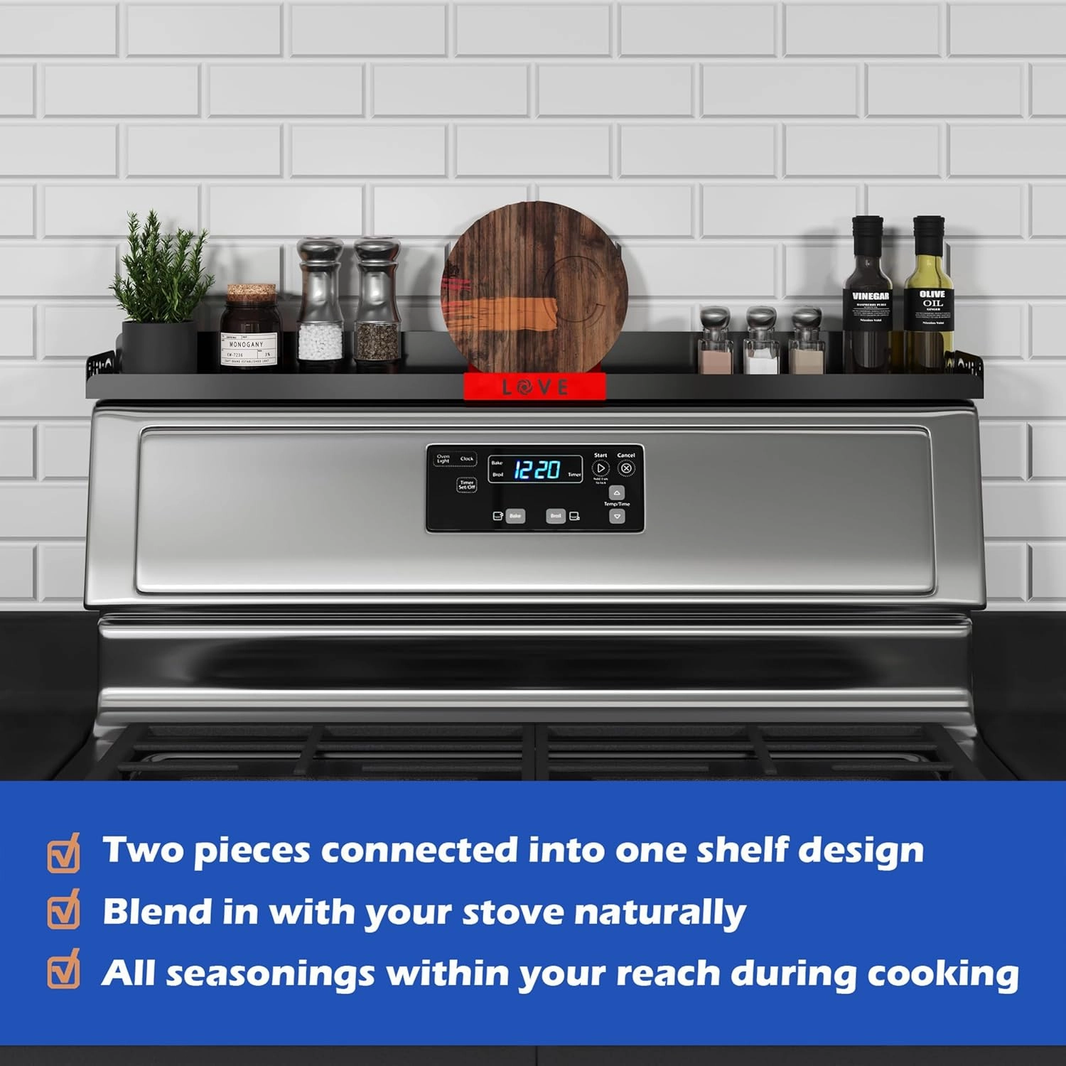Magnetic Spice/Seasoning Shelf, 30" Length, Organizer for Stove Top & Kitchen, Black With Red Love