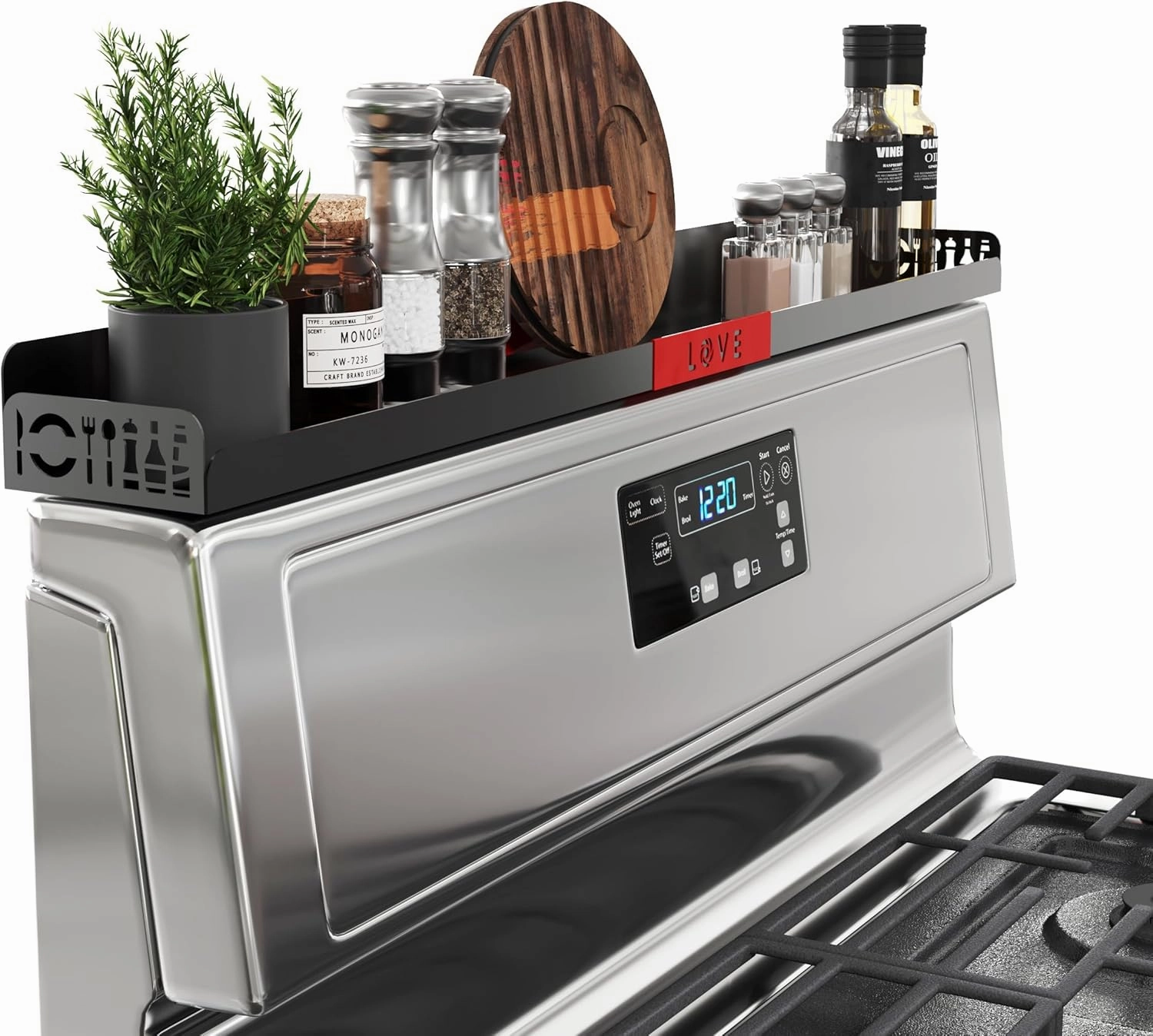 Magnetic Spice/Seasoning Shelf, 30" Length, Organizer for Stove Top & Kitchen, Black With Red Love