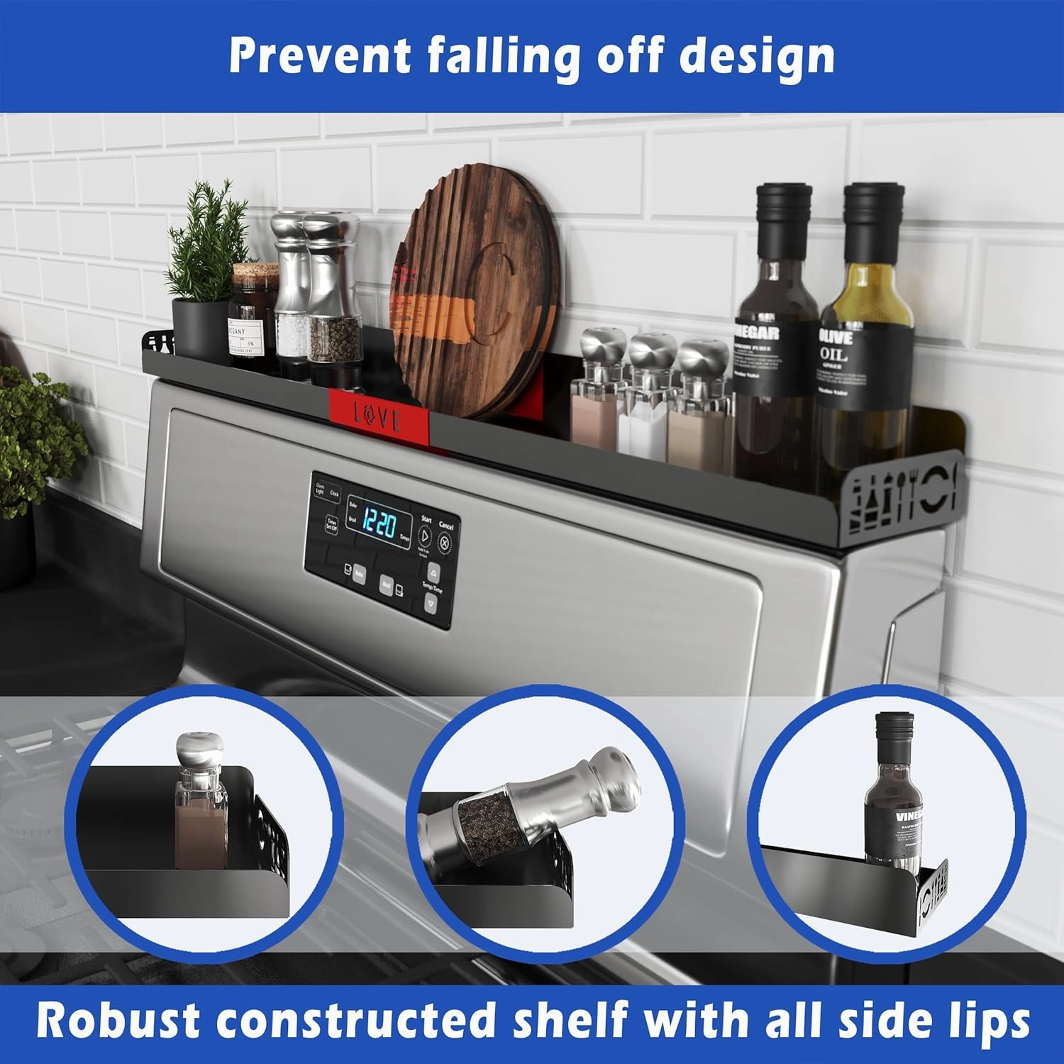 Magnetic Spice/Seasoning Shelf, 30" Length, Organizer for Stove Top & Kitchen, Black With Red Love