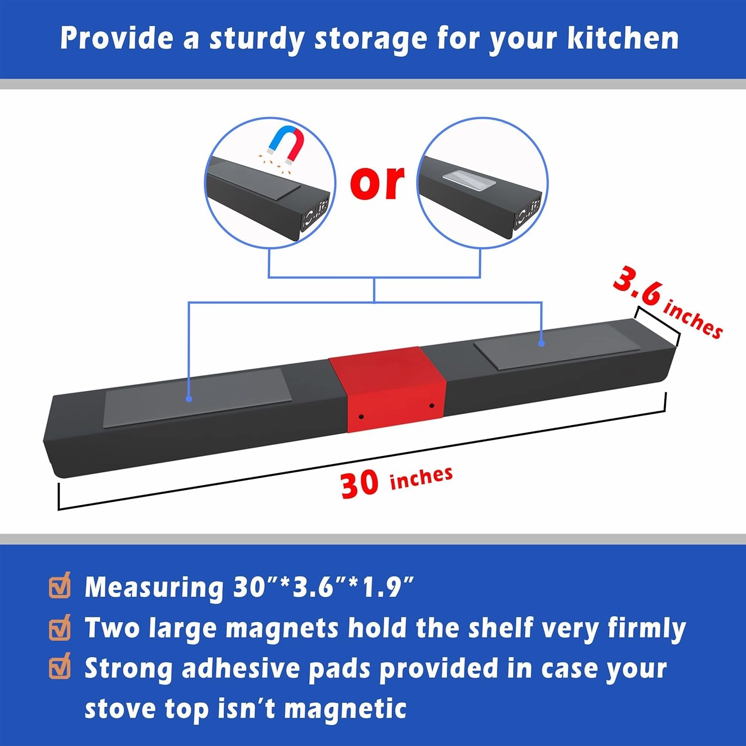 Magnetic Spice/Seasoning Shelf, 30" Length, Organizer for Stove Top & Kitchen, Black With Red Love