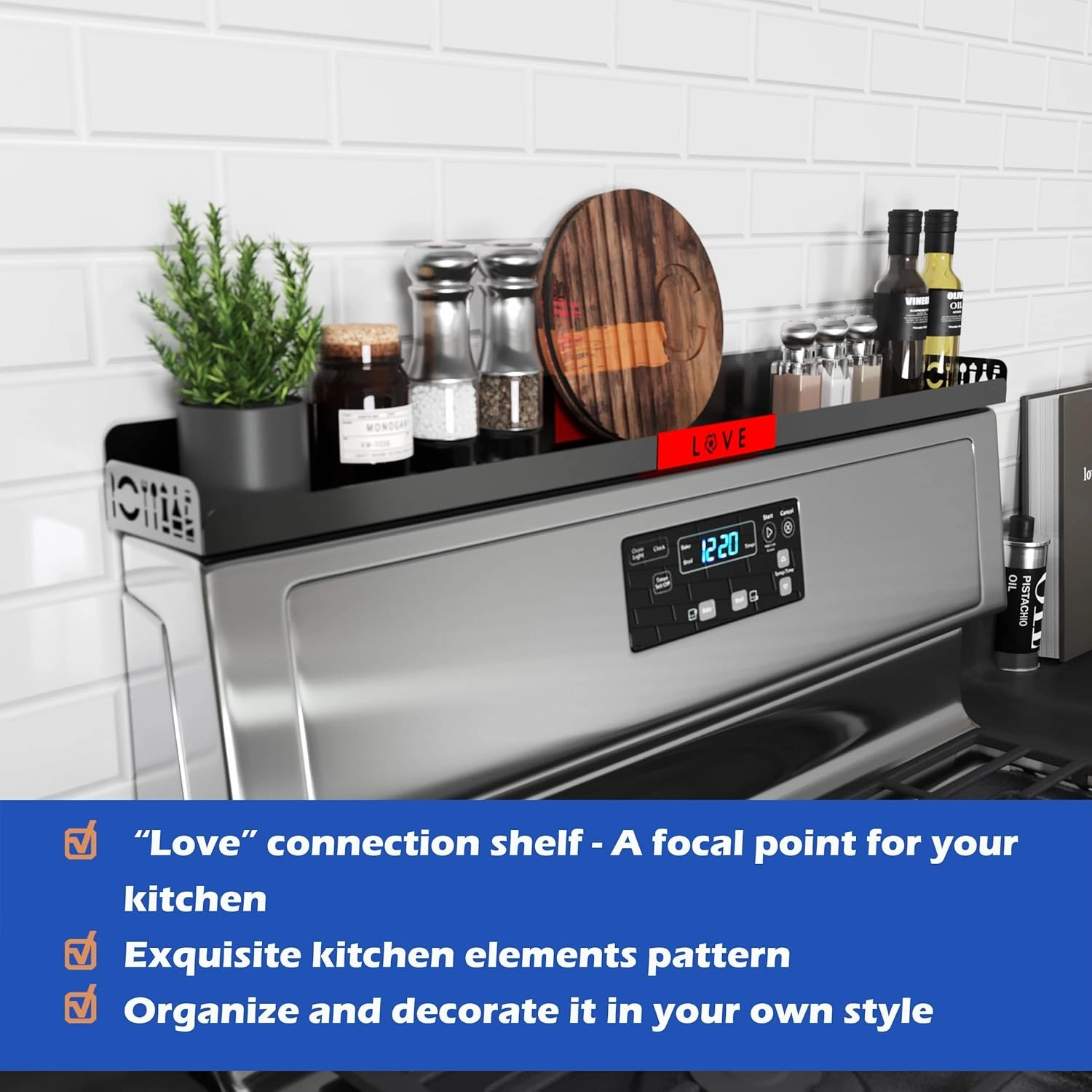 Magnetic Spice/Seasoning Shelf, 30" Length, Organizer for Stove Top & Kitchen, Black With Red Love