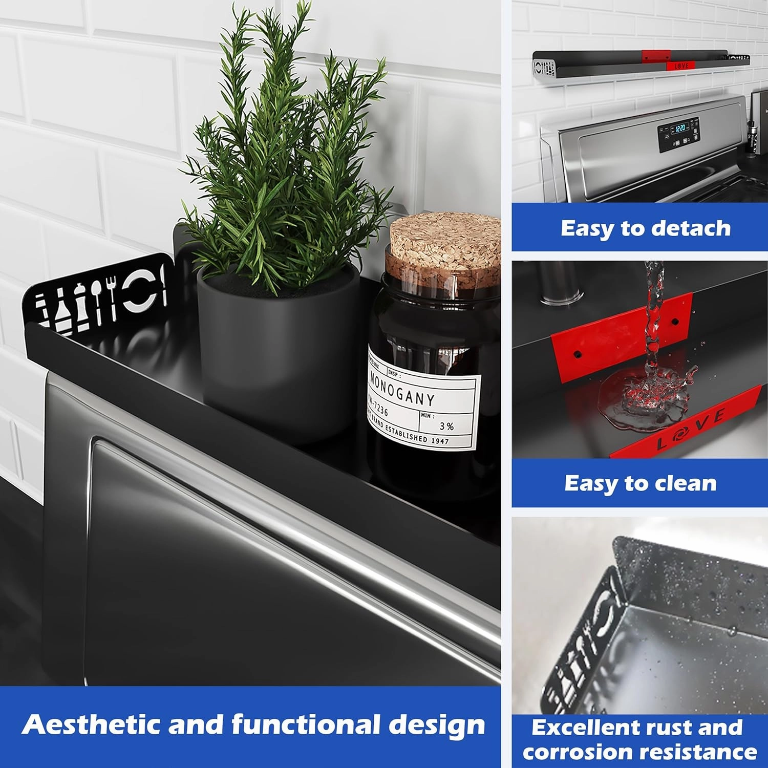 Magnetic Spice/Seasoning Shelf, 30" Length, Organizer for Stove Top & Kitchen, Black With Red Love