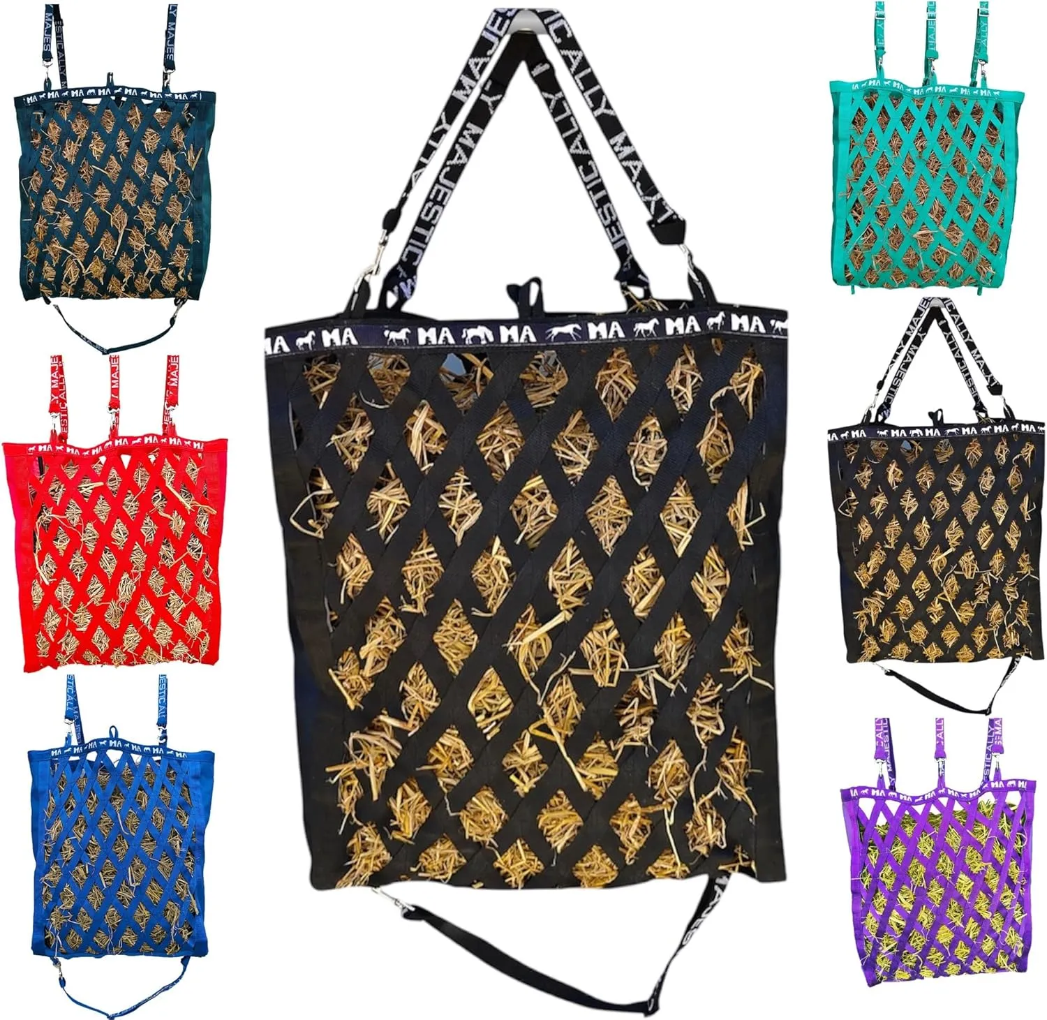Majestic Ally Double Side Open Slow Feeder Hay Bag - Diamond Shaped Obliquely Placed Webbing (Black)