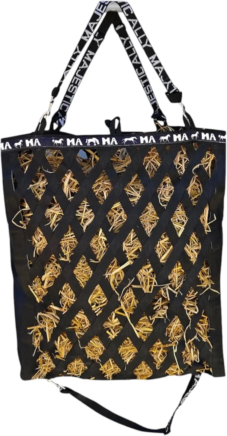 Majestic Ally Double Side Open Slow Feeder Hay Bag - Diamond Shaped Obliquely Placed Webbing (Black)