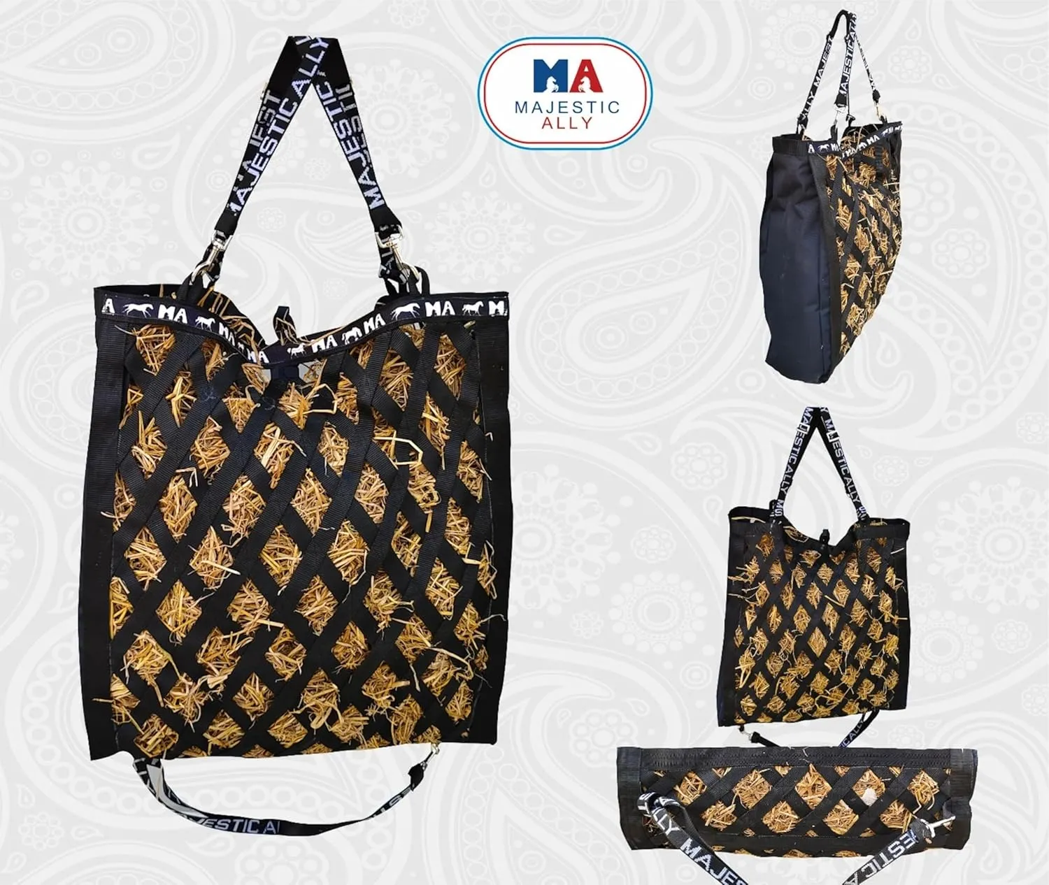 Majestic Ally Double Side Open Slow Feeder Hay Bag - Diamond Shaped Obliquely Placed Webbing (Black)