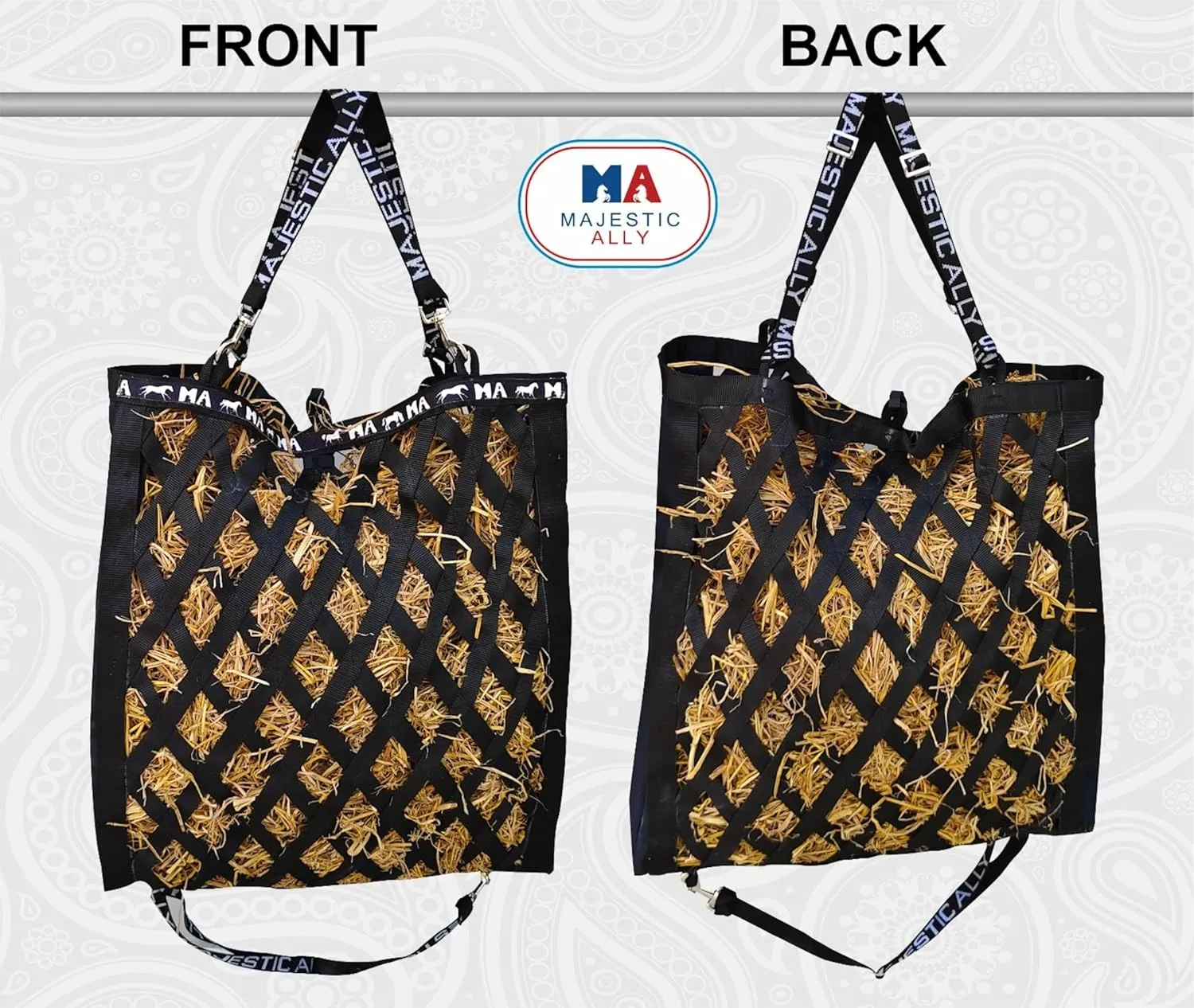 Majestic Ally Double Side Open Slow Feeder Hay Bag - Diamond Shaped Obliquely Placed Webbing (Black)