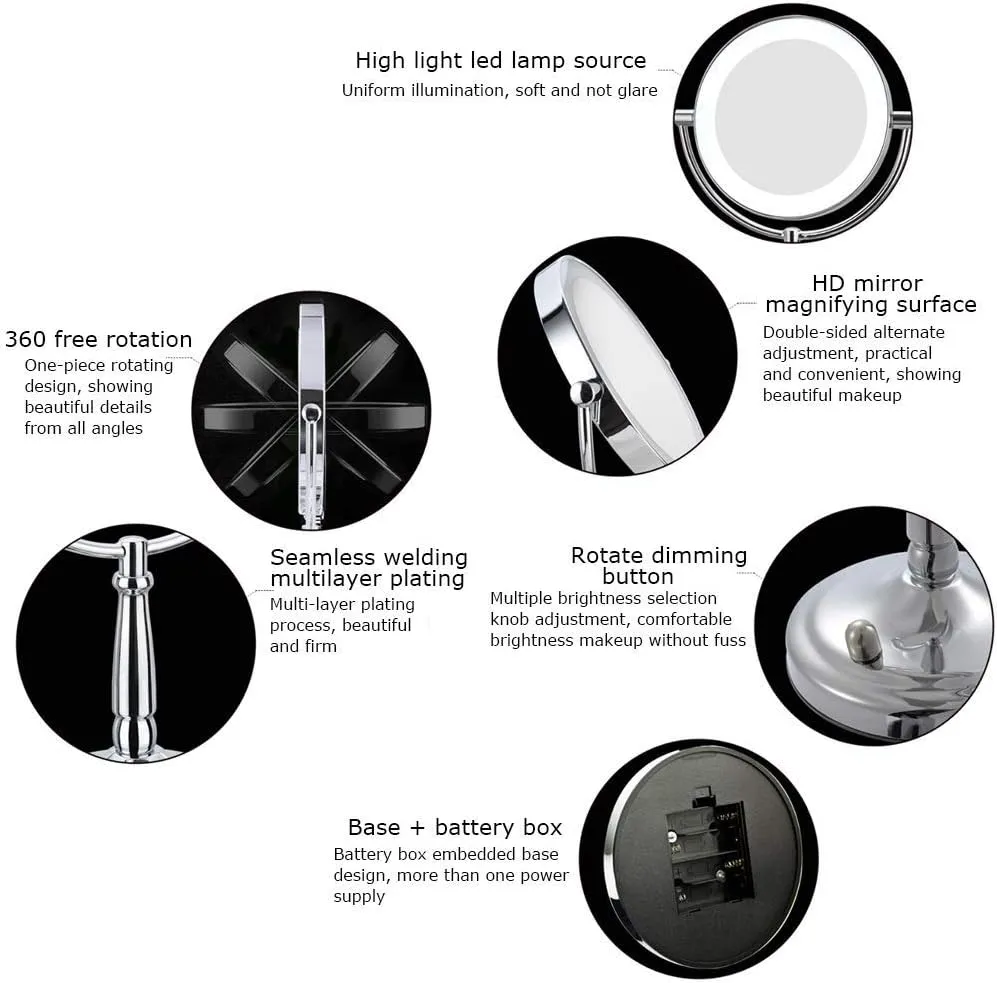 Makeup Mirror with and Magnification Rechargeable Double Sided HD Button 360 Degree Free Rotation for Bathroom Beauty Mirror (Size : 9 inches 1)