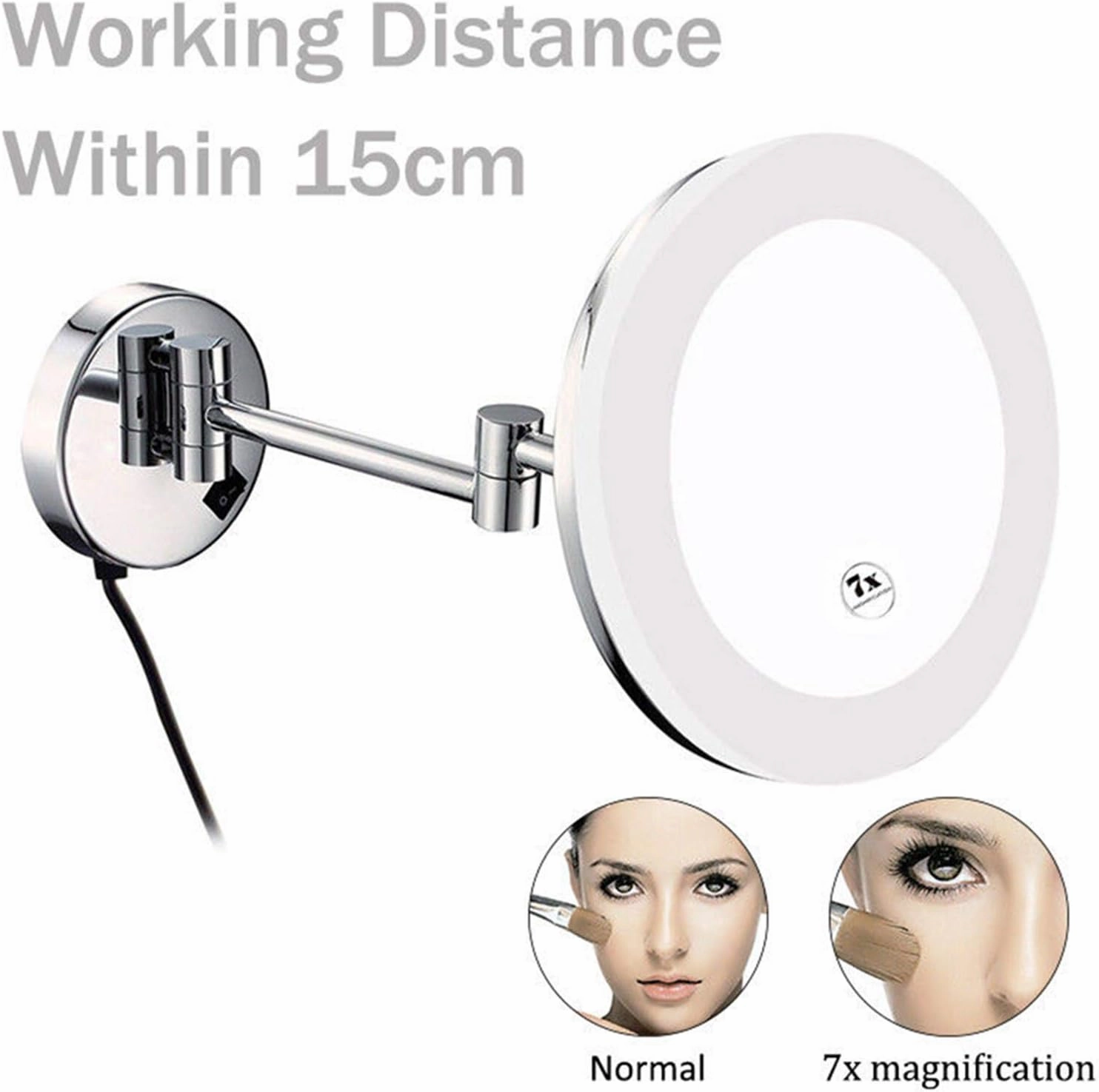 Makeup Mirror with Lights and Magnification, 8 inch Brass Chrome Bathroom Wall-Mounted LED Vanity Mirror, Rotatable Extendable Mirror with Plug(7X)