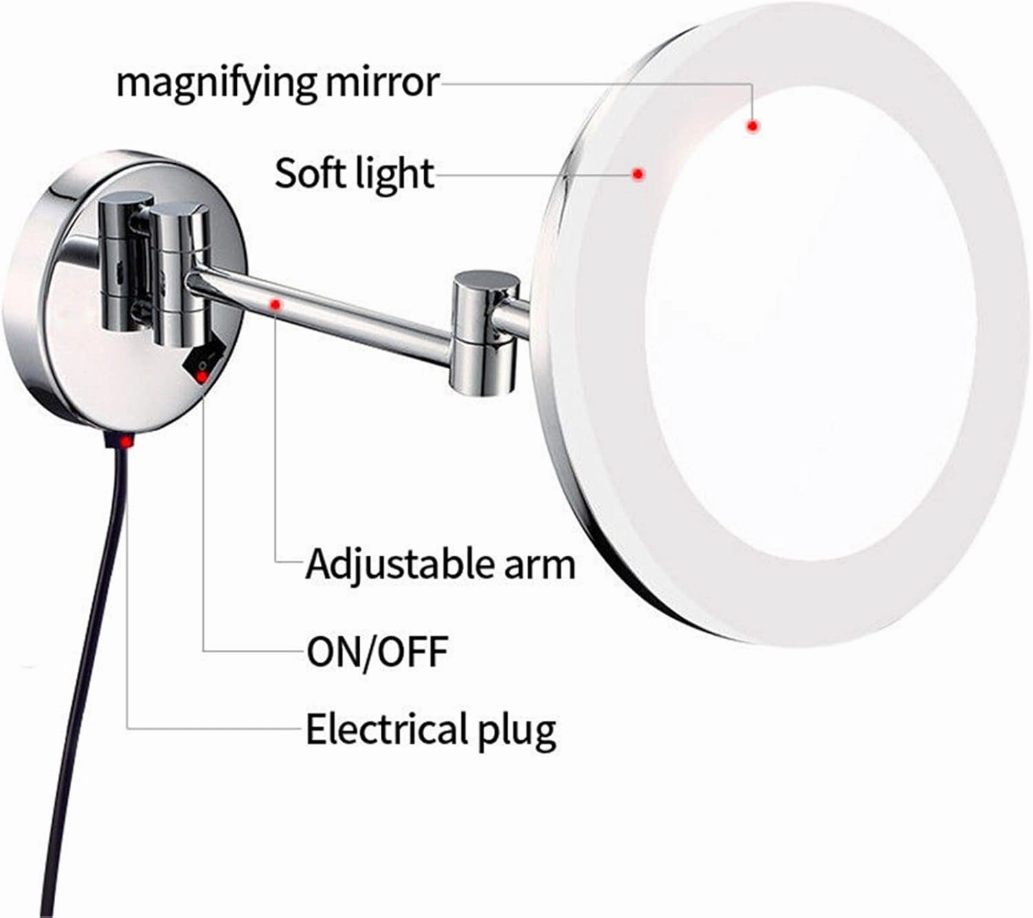 Makeup Mirror with Lights and Magnification, 8 inch Brass Chrome Bathroom Wall-Mounted LED Vanity Mirror, Rotatable Extendable Mirror with Plug(7X)