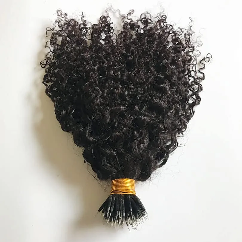 Malaysian Nano Ring Hair Extensions Human Hair Kinky Curly Nano Tip Bead Human Hair Extensions For Women Black and Brown Color (20inch 100strand, Natural Color)