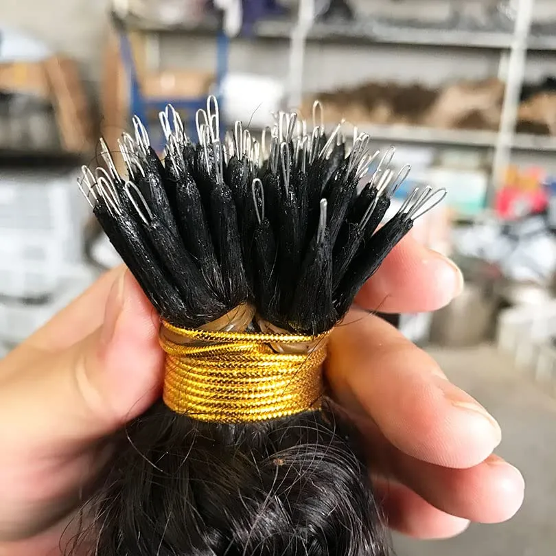 Malaysian Nano Ring Hair Extensions Human Hair Kinky Curly Nano Tip Bead Human Hair Extensions For Women Black and Brown Color (20inch 100strand, Natural Color)