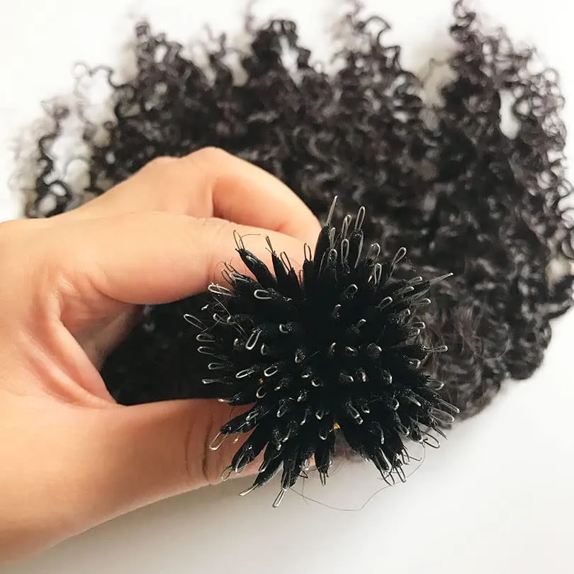 Malaysian Nano Ring Hair Extensions Human Hair Kinky Curly Nano Tip Bead Human Hair Extensions For Women Black and Brown Color (20inch 100strand, Natural Color)