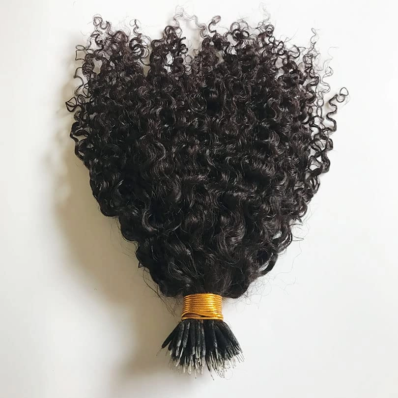 Malaysian Nano Ring Hair Extensions Human Hair Kinky Curly Nano Tip Bead Human Hair Extensions For Women Black and Brown Color (20inch 100strand, #1 Jet Black)