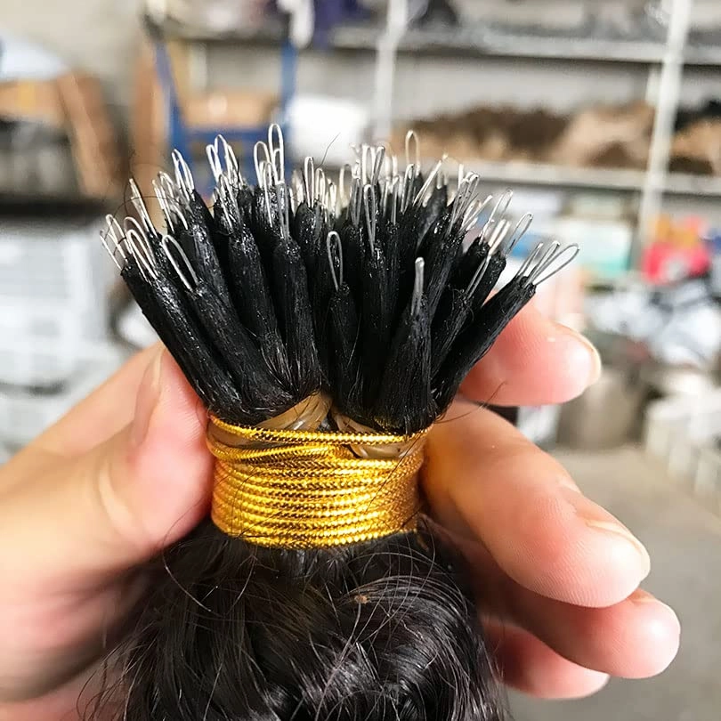 Malaysian Nano Ring Hair Extensions Human Hair Kinky Curly Nano Tip Bead Human Hair Extensions For Women Black and Brown Color (20inch 100strand, #1 Jet Black)