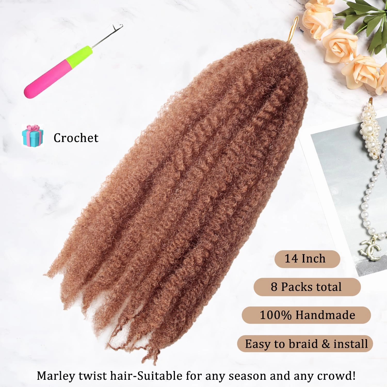 Marley Twist Braiding Hair 14 inch Afro Kinky Curly Crochet Braids 8 Packs Cuban Twist Crochet Braids Synthetic Low Maintenance Skin-Friendly Marley Hair Extensions(27#, Packs of 8)