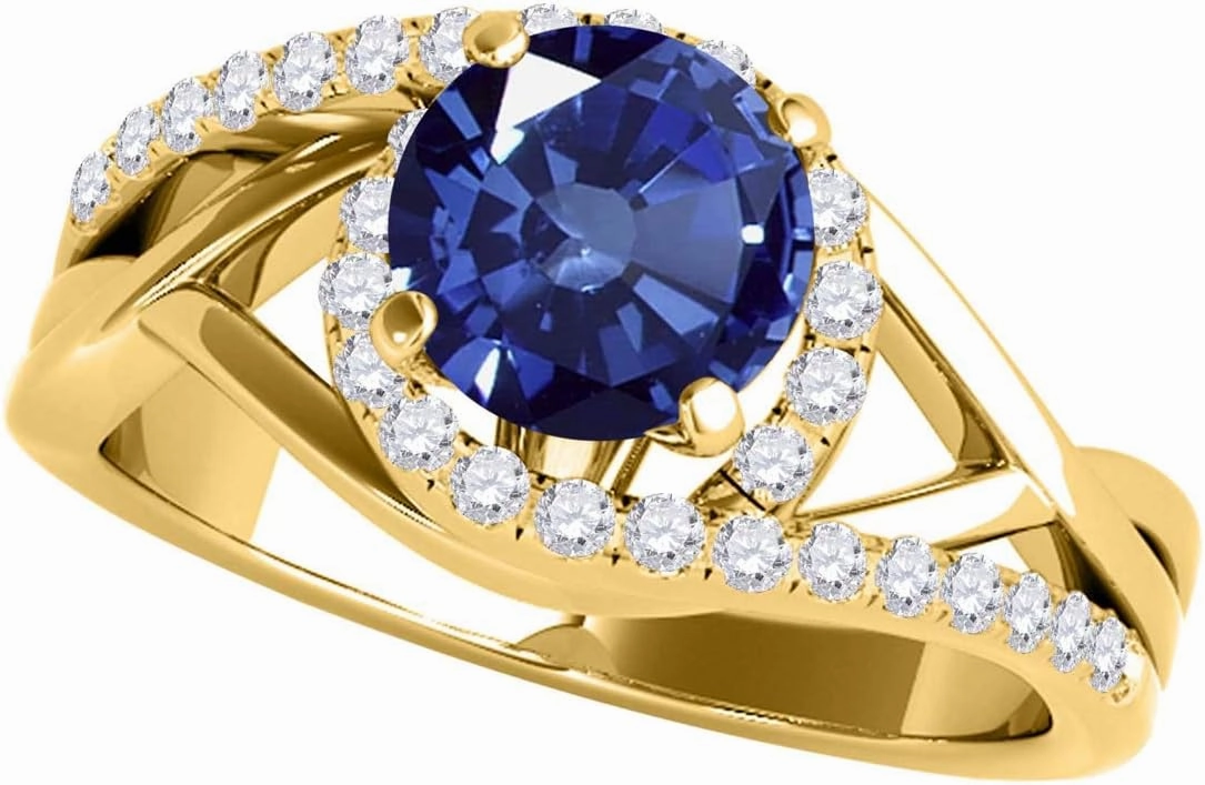 MauliJewels 1.15 Carat Created Sapphire And Diamond Engagement Ring Crafted Prong 10k Solid Yellow Gold