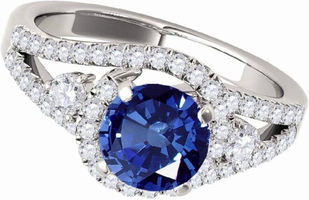 MauliJewels 1.65 Carat Halo Sapphire And Diamond Engagement Ring 4 prong 14k White Gold