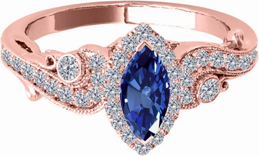 MauliJewels 3/4 Carat Marquise Shape Sapphire & Natural White Diamond Gemstone Ring Prong-Setting 14K Solid Rose Gold
