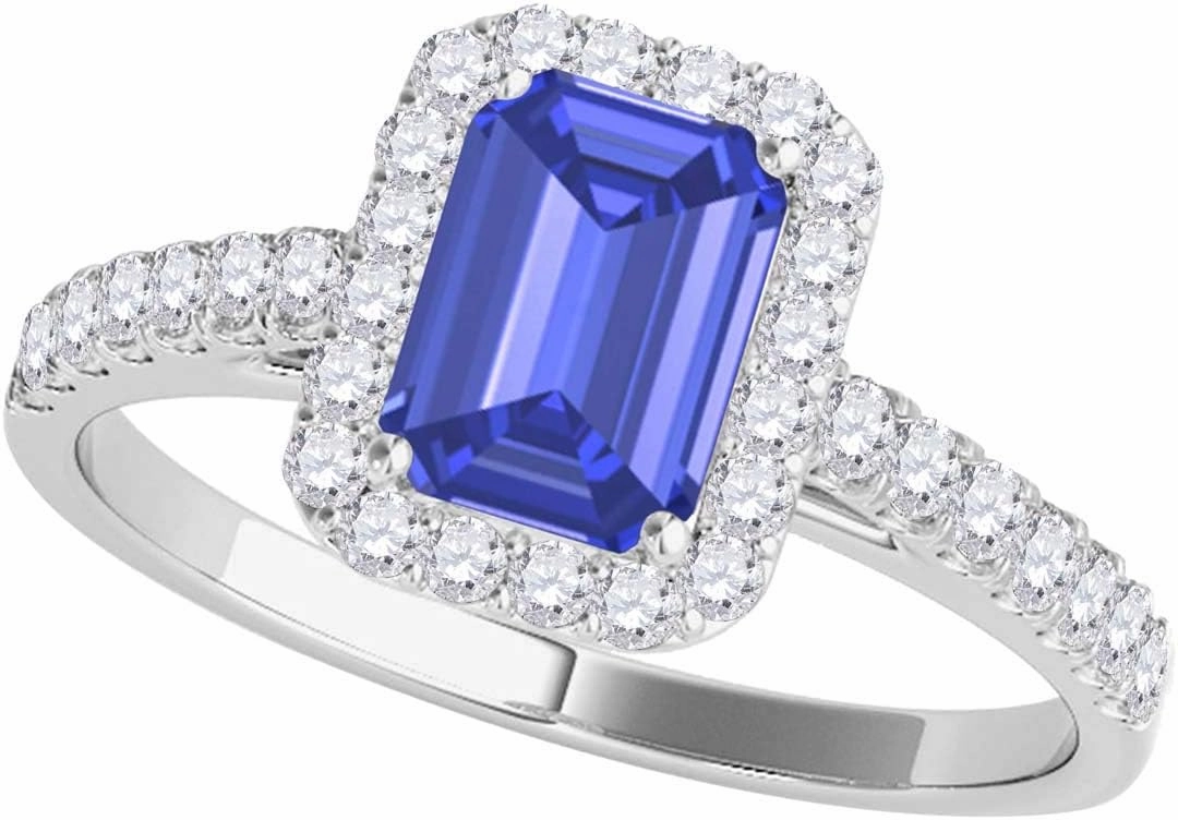 MauliJewels Rings for Women 0.78 Carat Stylish Look Diamond And Emerald Shape Sapphire Ring 4-prong 10k White Gold
