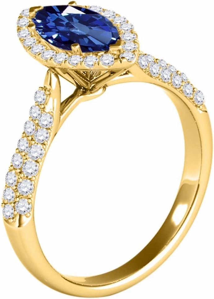 MauliJewels Rings for Women 0.87 Carat Elegant Look Diamond And Marquise Shape Created Sapphire Ring pave 10k Yellow Gold