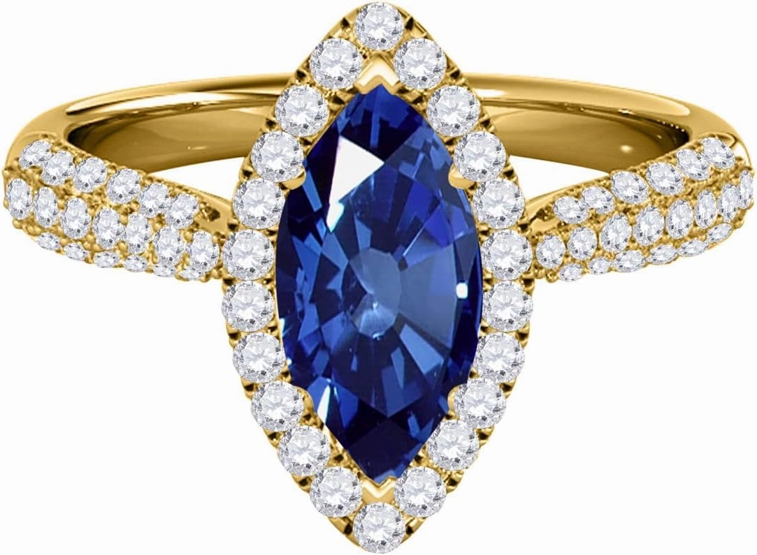 MauliJewels Rings for Women 0.87 Carat Elegant Look Diamond And Marquise Shape Created Sapphire Ring pave 10k Yellow Gold
