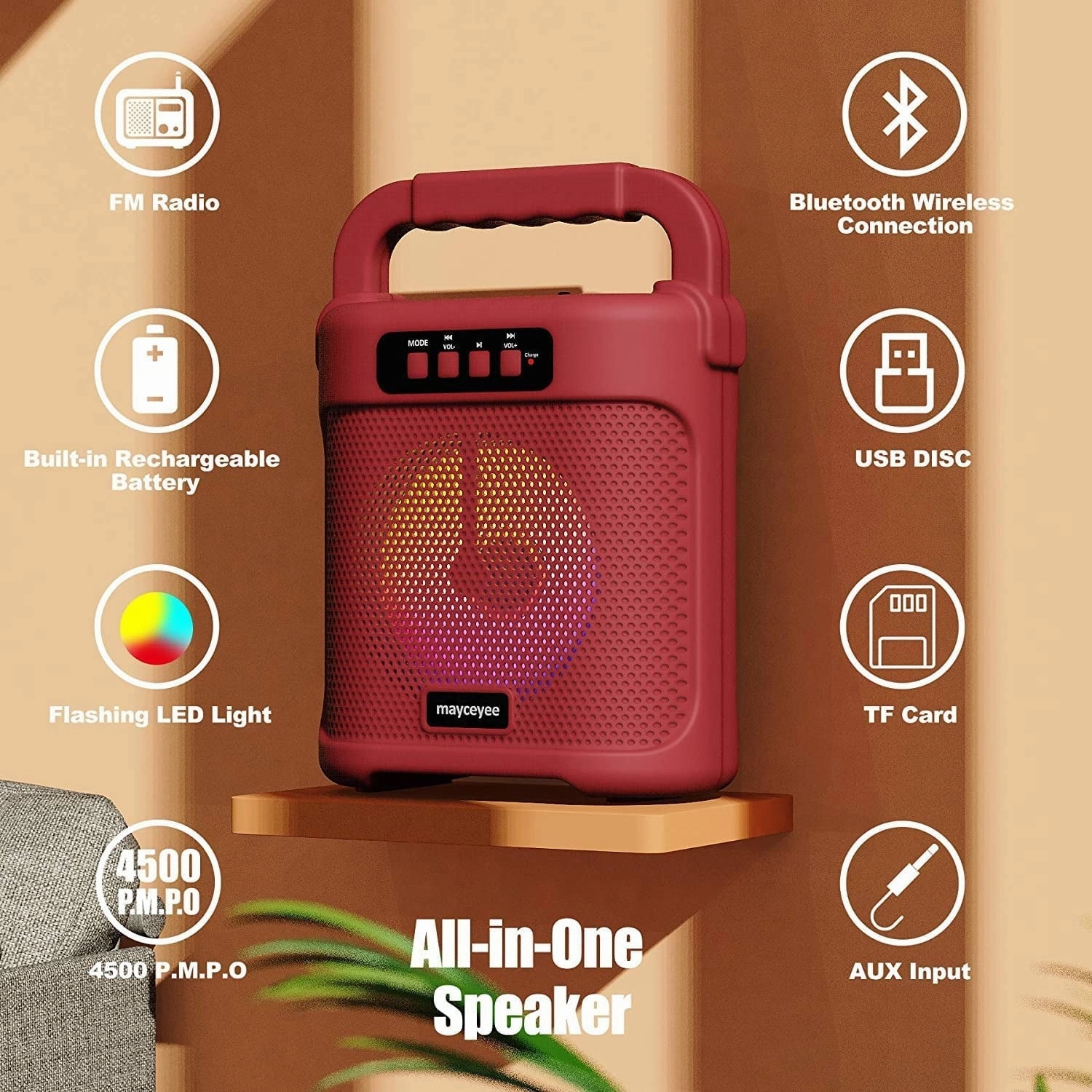 mayceyee Bluetooth Speaker with FM Radio, Rechargeable Portable Speaker with Led Light Flash, USB and Micro SD Card Input and AUX-in, Stero Wireless Speaker for Gatherings, Outdoor and Gym - Red