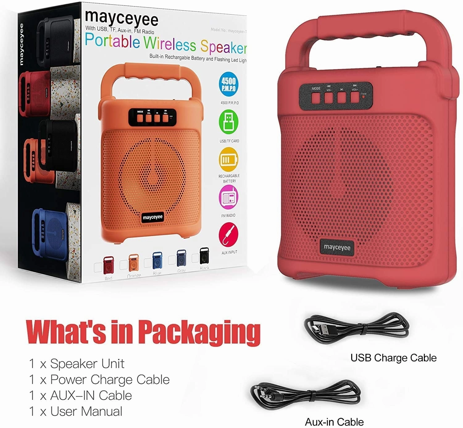 mayceyee Bluetooth Speaker with FM Radio, Rechargeable Portable Speaker with Led Light Flash, USB and Micro SD Card Input and AUX-in, Stero Wireless Speaker for Gatherings, Outdoor and Gym - Red