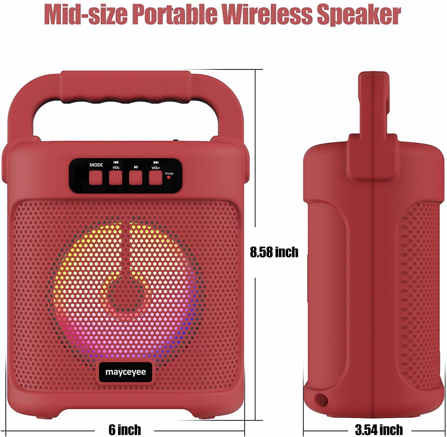 mayceyee Bluetooth Speaker with FM Radio, Rechargeable Portable Speaker with Led Light Flash, USB and Micro SD Card Input and AUX-in, Stero Wireless Speaker for Gatherings, Outdoor and Gym - Red