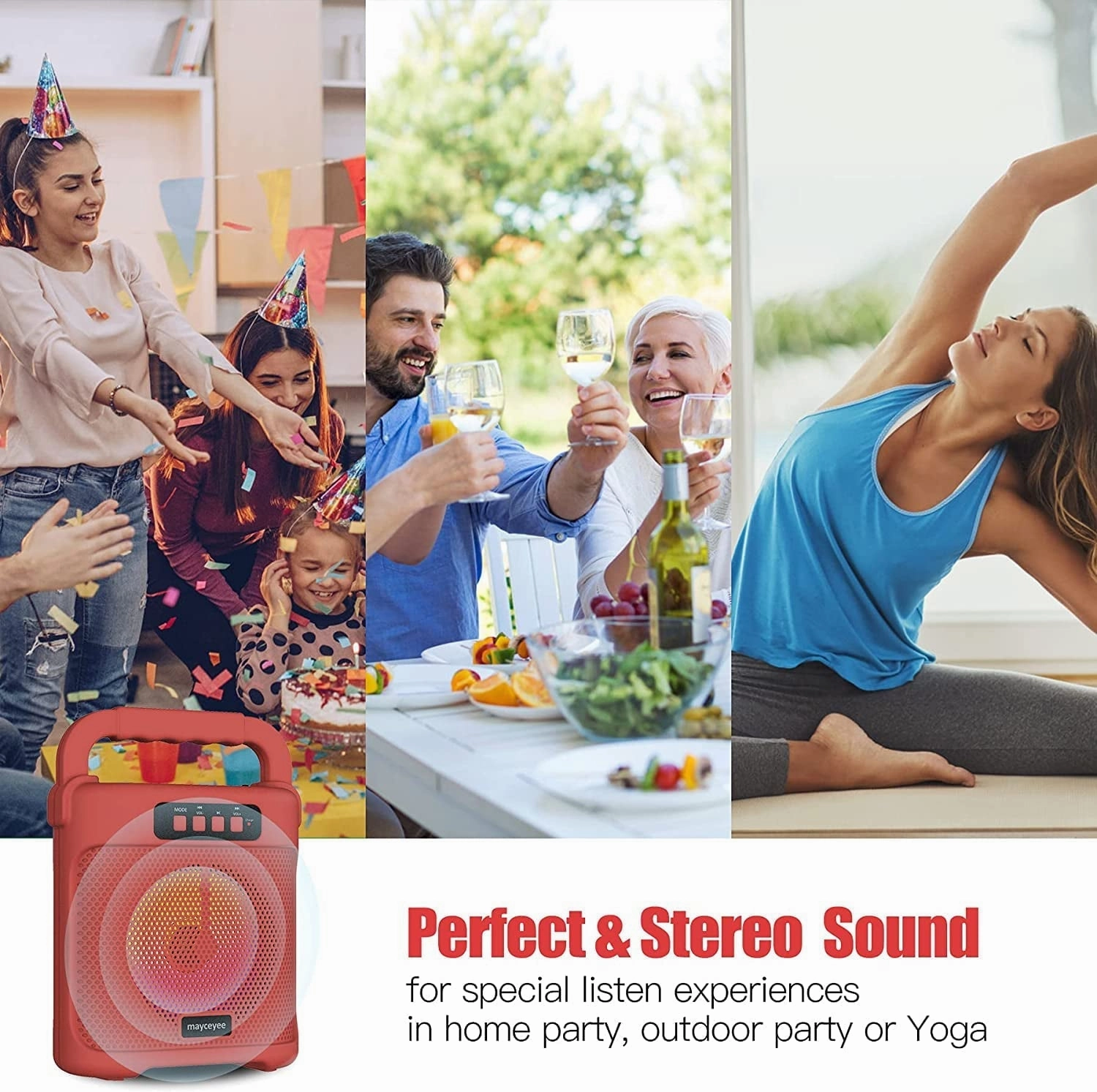 mayceyee Bluetooth Speaker with FM Radio, Rechargeable Portable Speaker with Led Light Flash, USB and Micro SD Card Input and AUX-in, Stero Wireless Speaker for Gatherings, Outdoor and Gym - Red