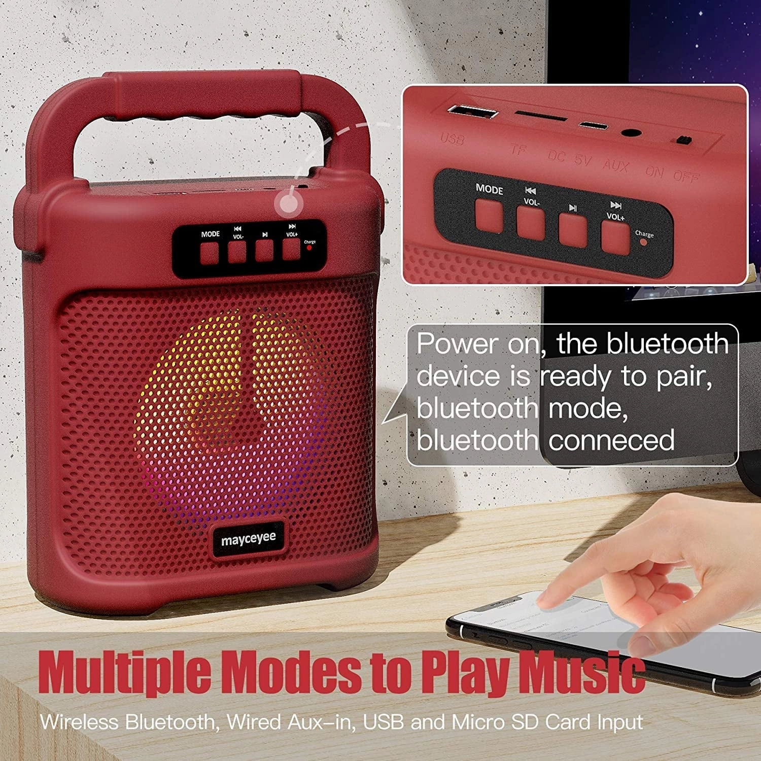 mayceyee Bluetooth Speaker with FM Radio, Rechargeable Portable Speaker with Led Light Flash, USB and Micro SD Card Input and AUX-in, Stero Wireless Speaker for Gatherings, Outdoor and Gym - Red