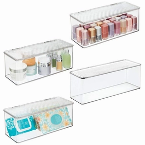 mDesign Makeup Storage Organizer Box for Bathroom Vanity, Countertops, Drawers - Holds Beauty Blenders, Eyeshadow Palettes, Lipstick, Lip Gloss, Makeup Brushes - Hinged Lid, 13.4" Long, 4 Pack - Clear
