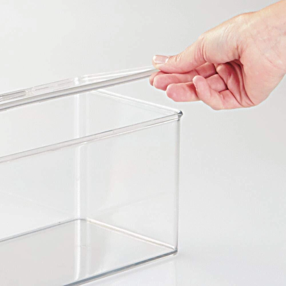 mDesign Makeup Storage Organizer Box for Bathroom Vanity, Countertops, Drawers - Holds Beauty Blenders, Eyeshadow Palettes, Lipstick, Lip Gloss, Makeup Brushes - Hinged Lid, 13.4" Long, 4 Pack - Clear