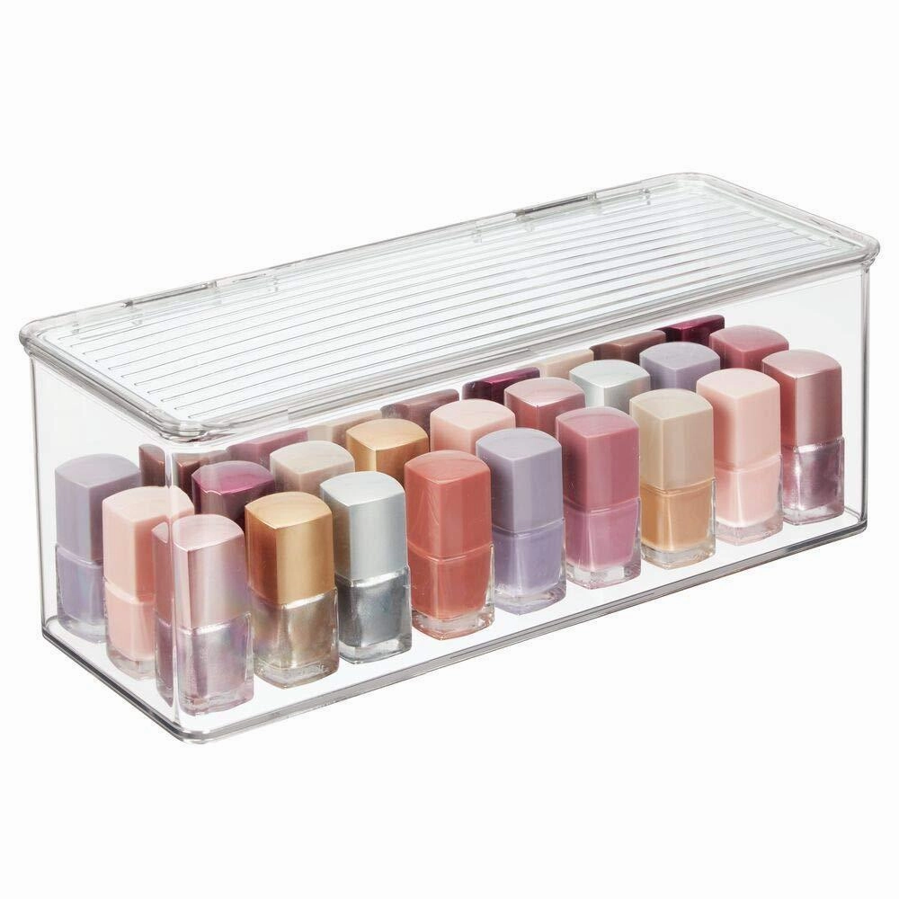 mDesign Makeup Storage Organizer Box for Bathroom Vanity, Countertops, Drawers - Holds Beauty Blenders, Eyeshadow Palettes, Lipstick, Lip Gloss, Makeup Brushes - Hinged Lid, 13.4" Long, 4 Pack - Clear