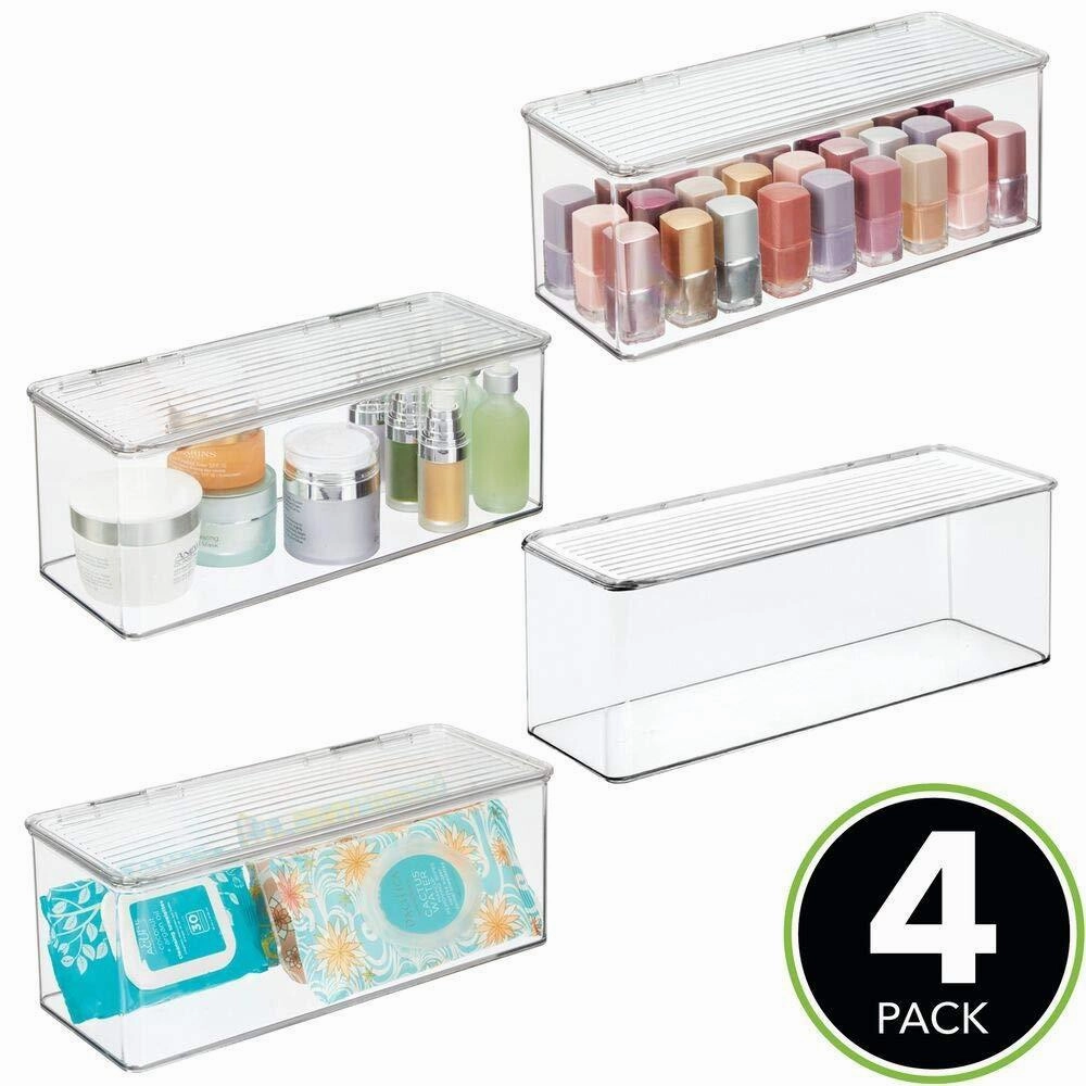 mDesign Makeup Storage Organizer Box for Bathroom Vanity, Countertops, Drawers - Holds Beauty Blenders, Eyeshadow Palettes, Lipstick, Lip Gloss, Makeup Brushes - Hinged Lid, 13.4" Long, 4 Pack - Clear