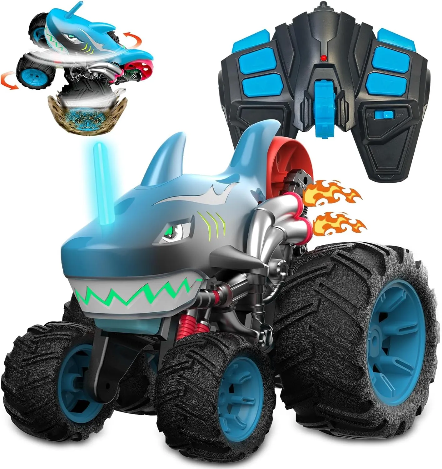 Megalodon Monster Truck - 2.4 GHz All-Terrain Remote Control Truck, with Light, 360° Rotation, Upright Walking and Drifting, Birthday Toys for Boys Girls Age 3 4 5 6 7 8 9 10 (Blue)