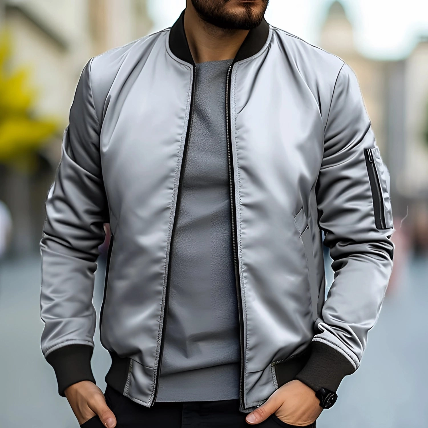 Men's Black Bomber Jacket - Lightweight Urban Streetwear