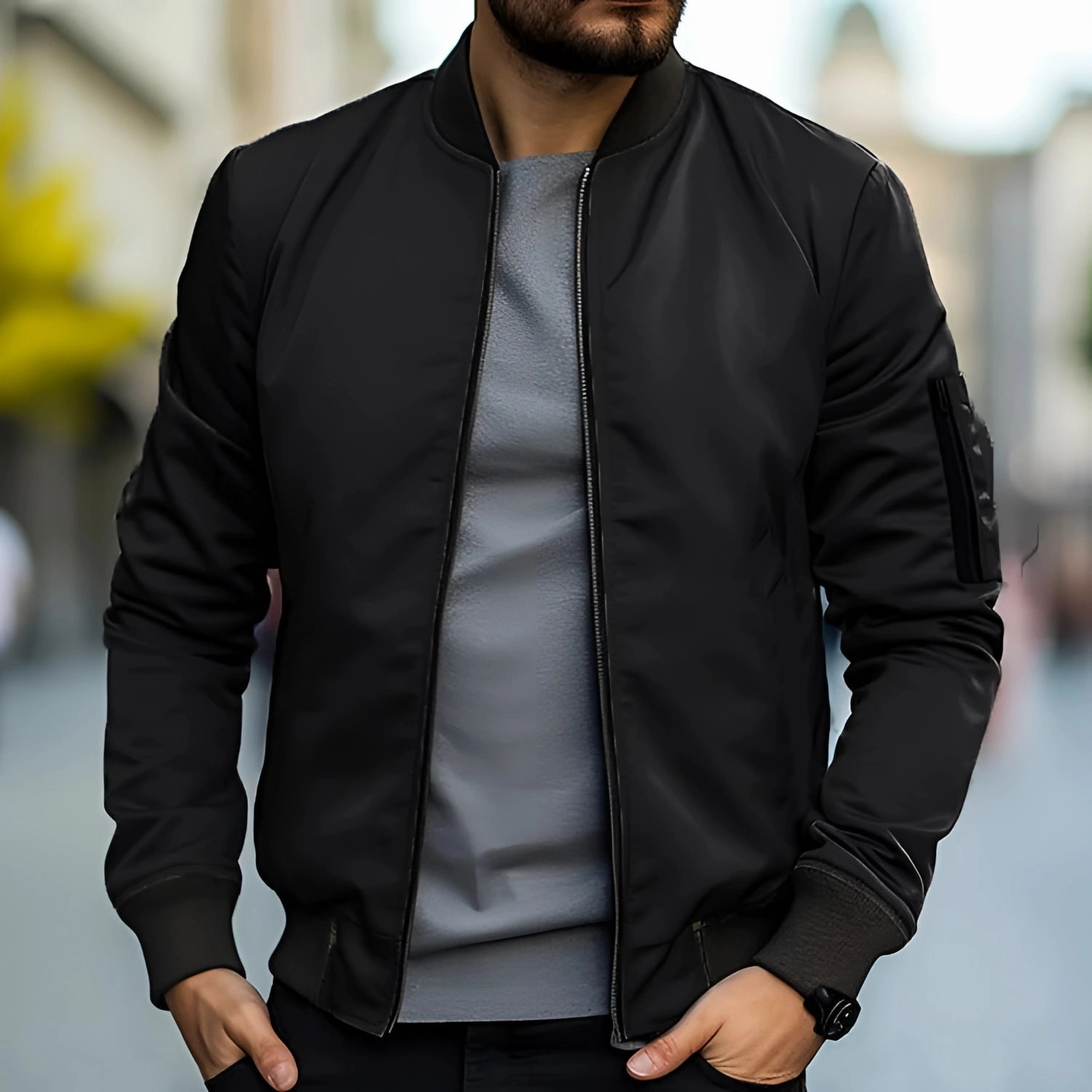 Men's Black Bomber Jacket - Lightweight Urban Streetwear