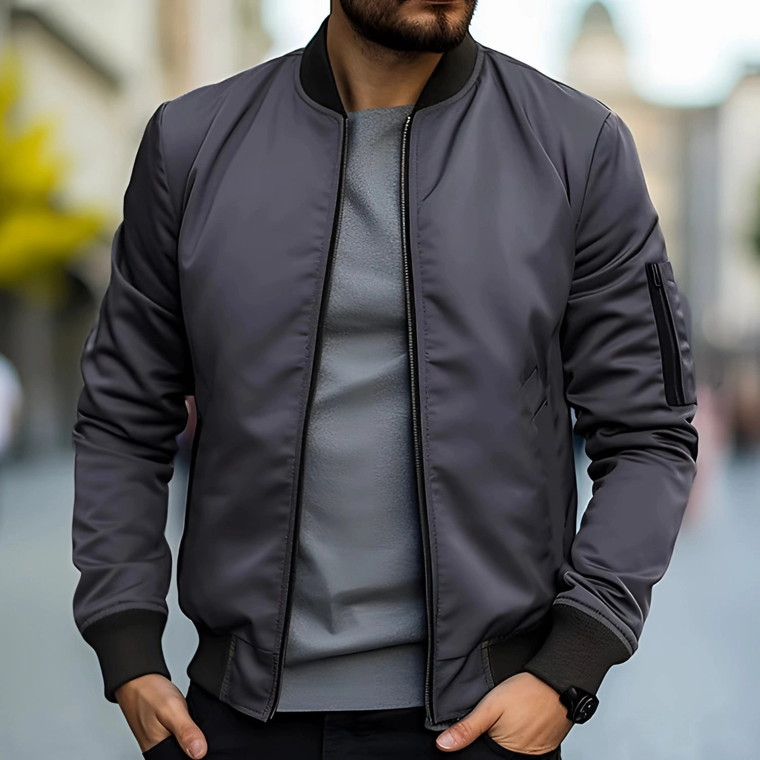 Men's Black Bomber Jacket - Lightweight Urban Streetwear